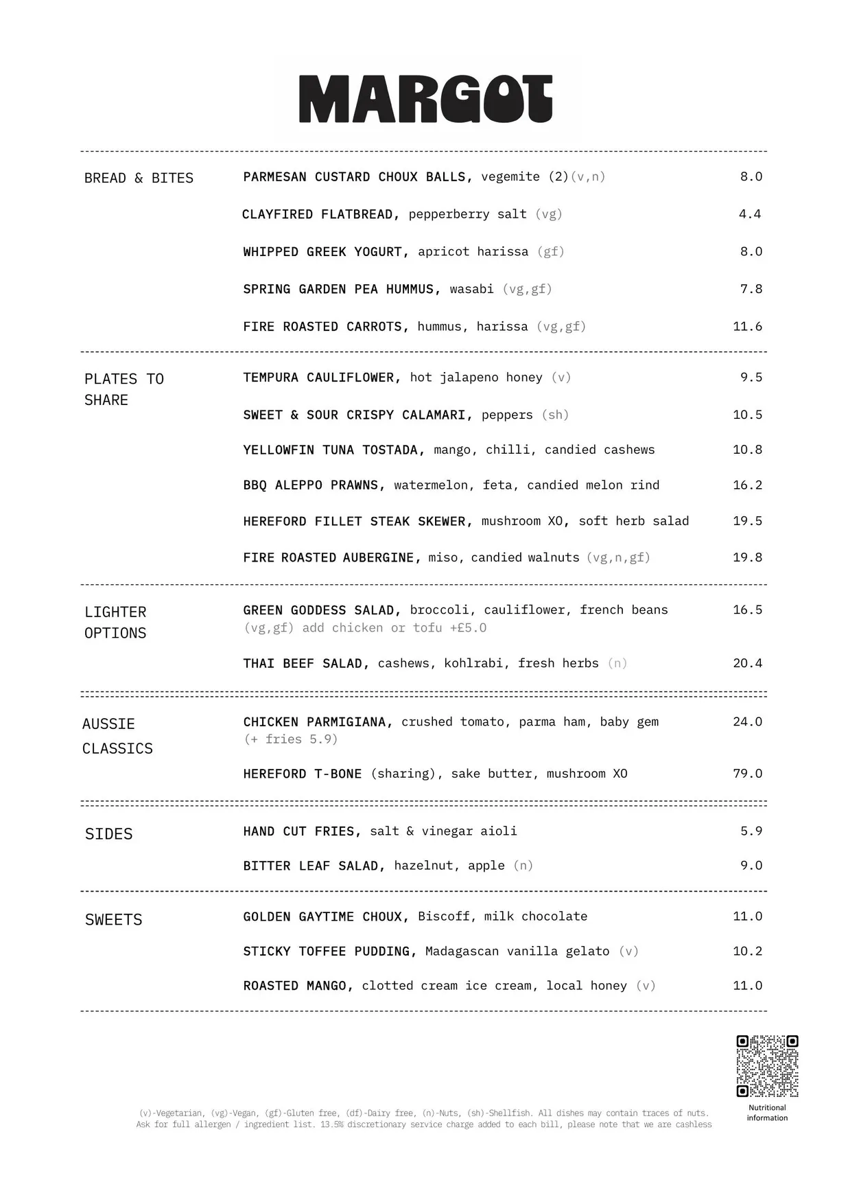 Margot Green menu, page 1