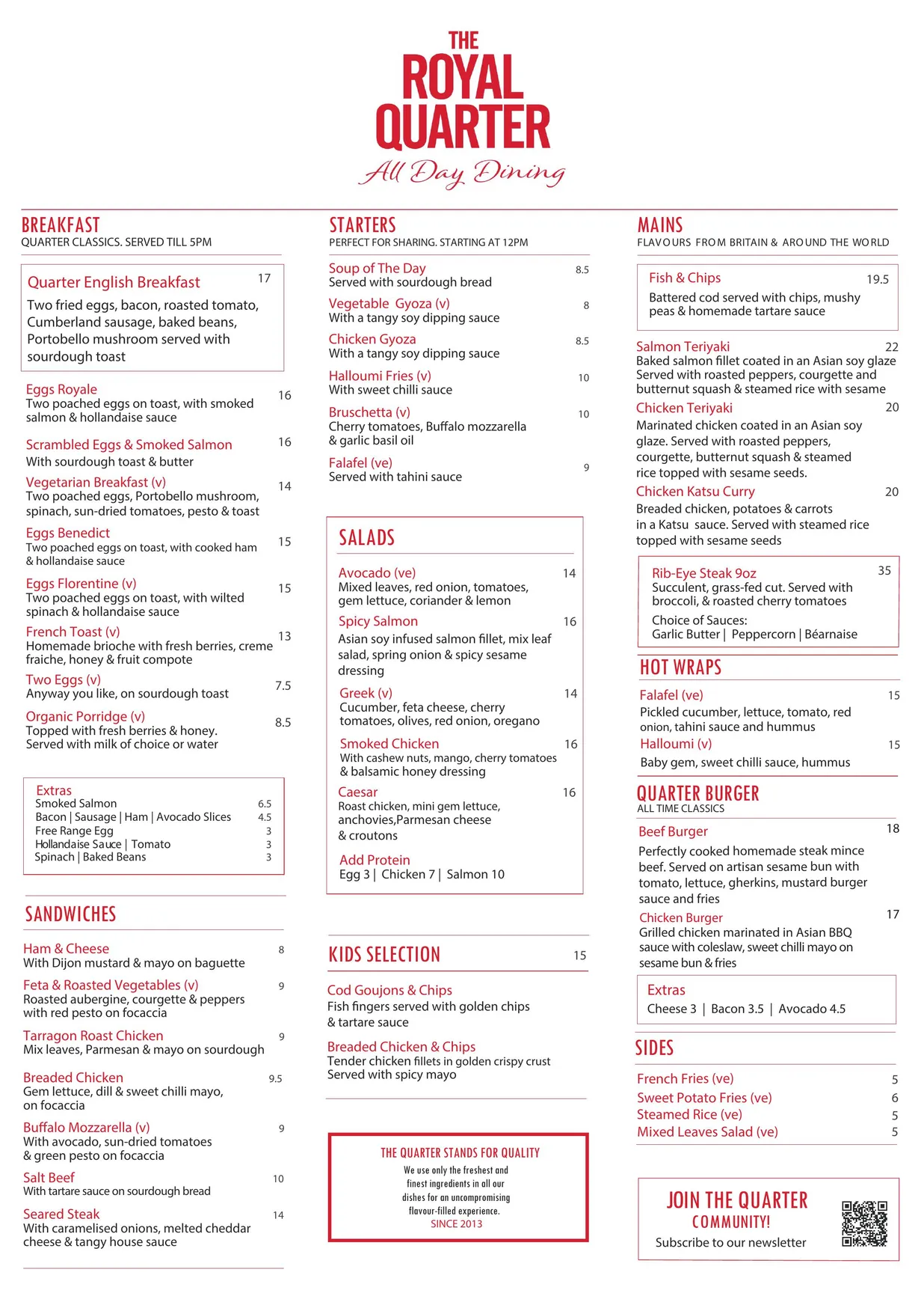 The Royal Quarter menu, page 1