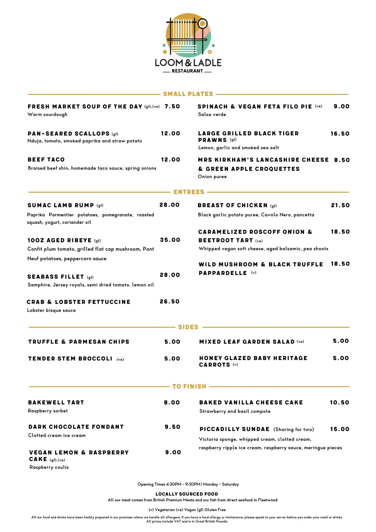 Loom & Ladle menu, page 1