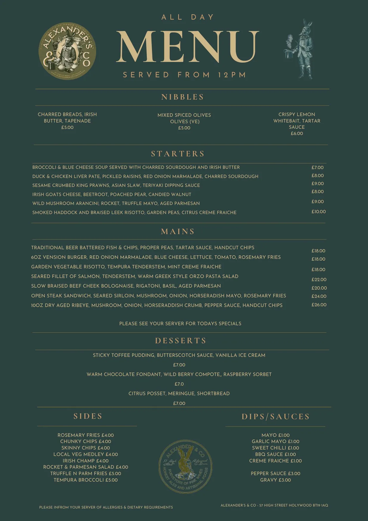 Alexanders & Co. menu, page 1
