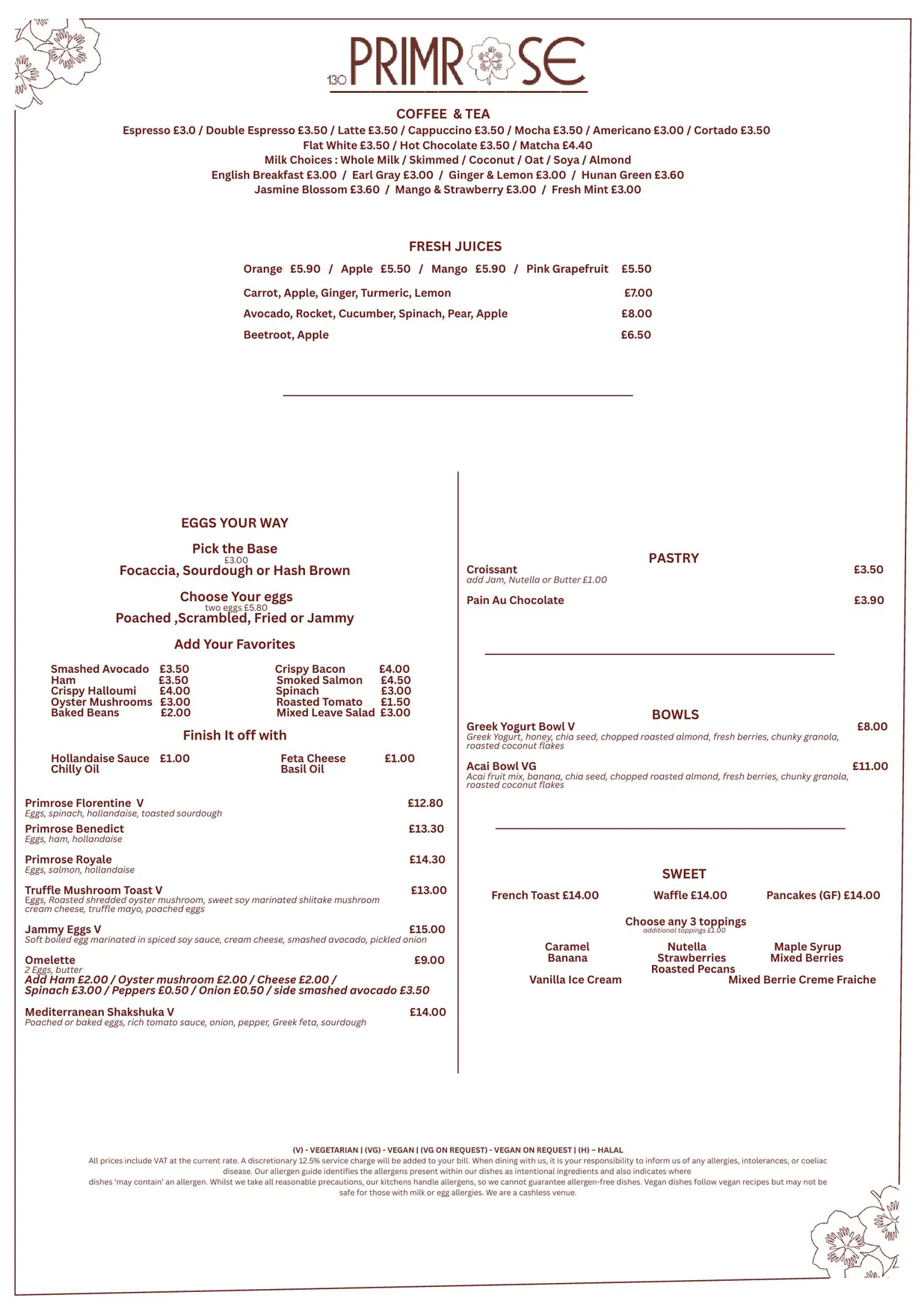130 Primrose menu, page 1