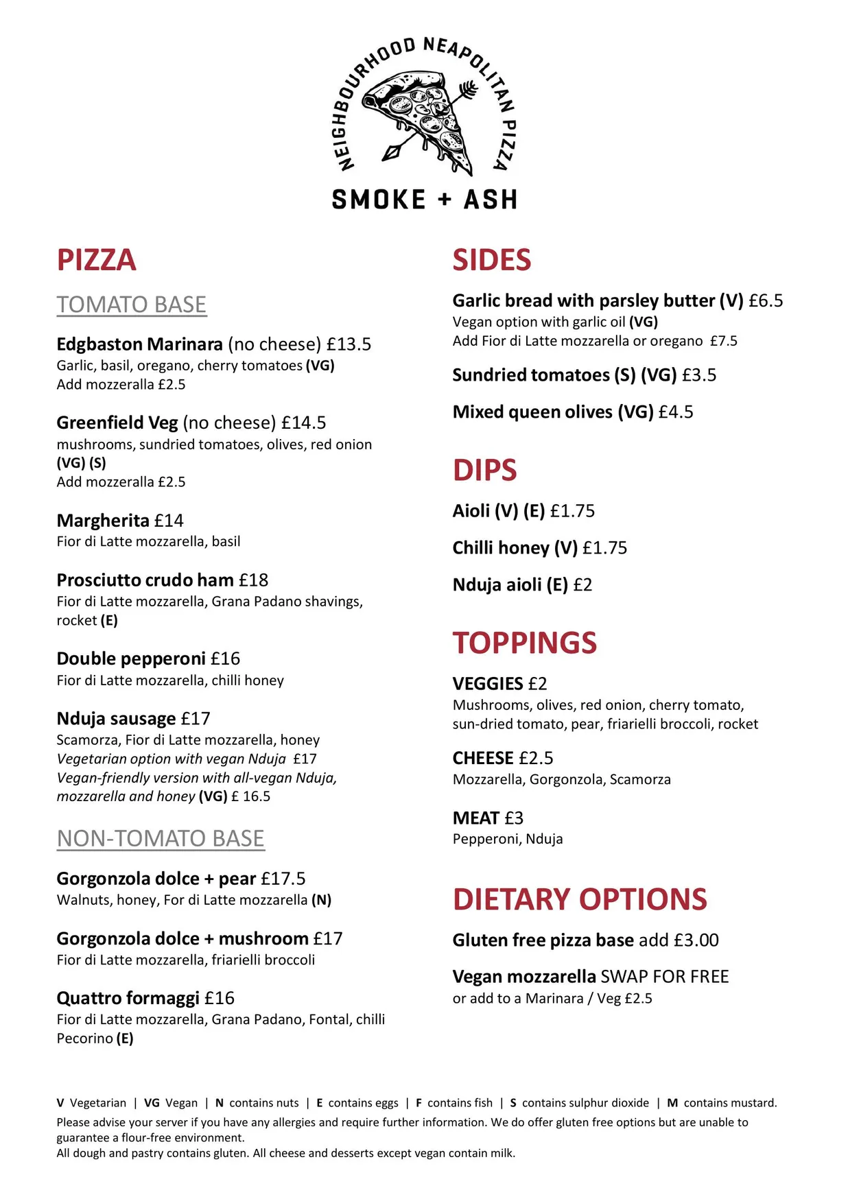 Smoke + Ash Pizza Kings Heath menu, page 1