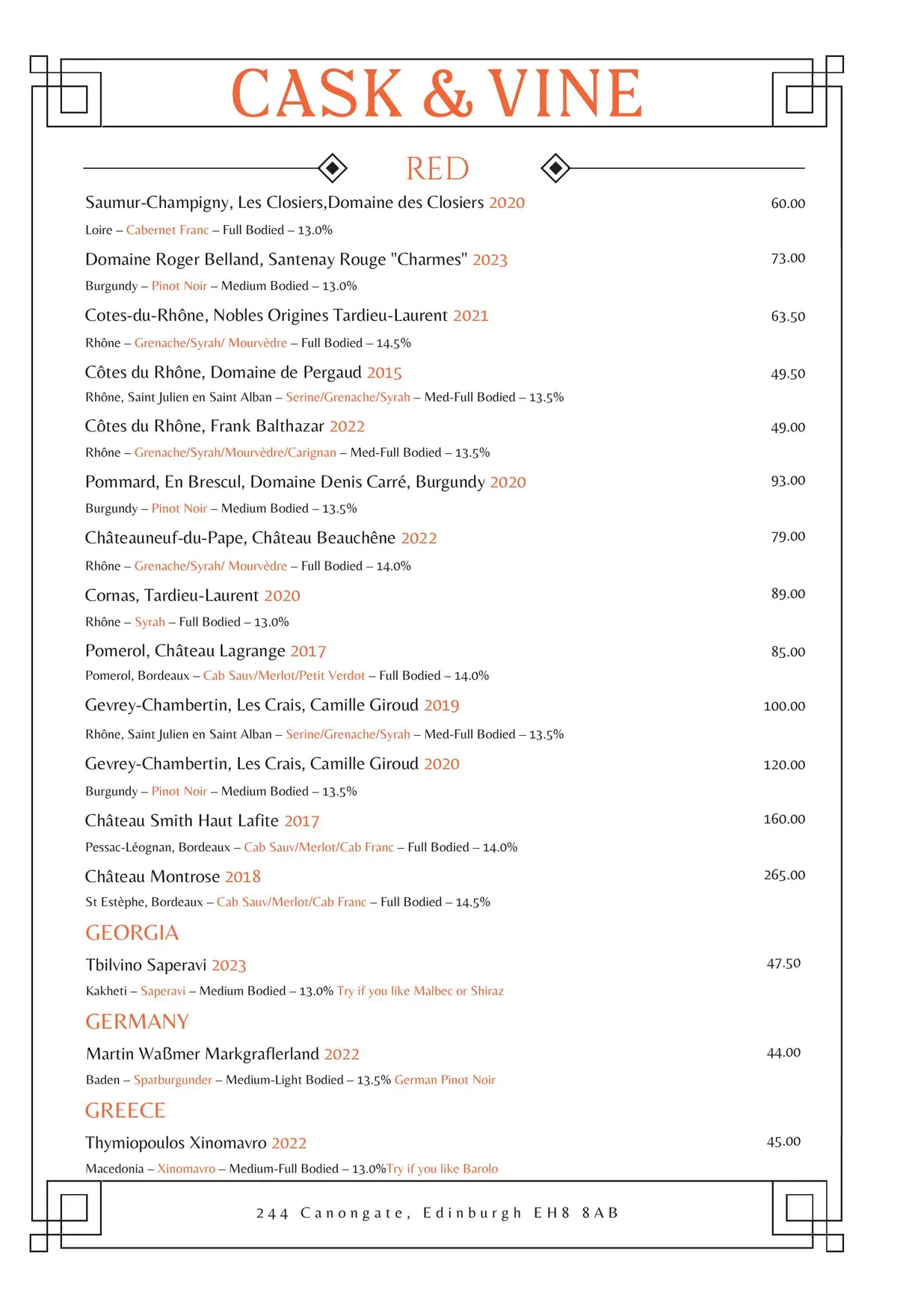 Cask & Vine menu, page 16