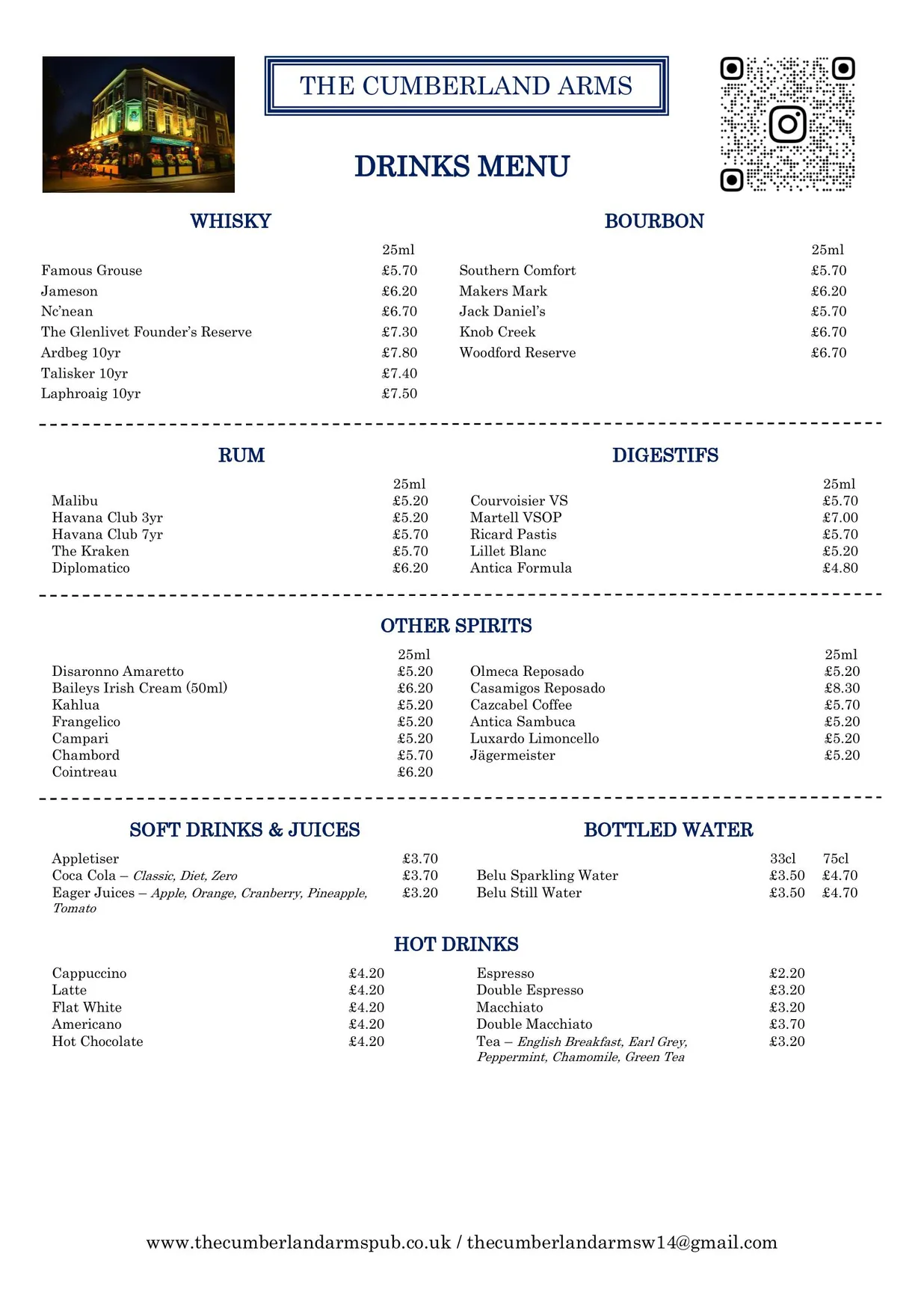 The Cumberland Arms menu, page 2