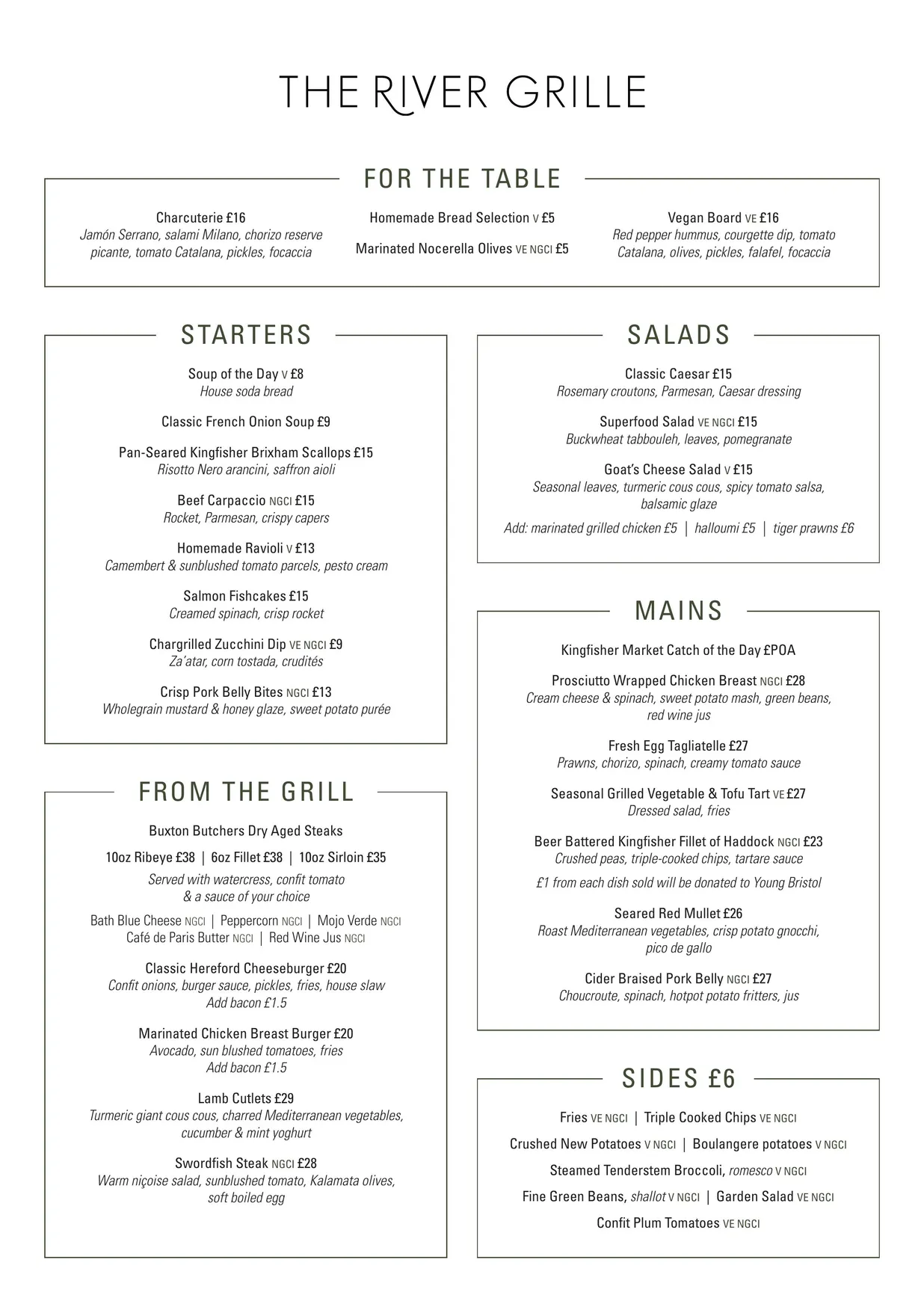 The River Grille menu, page 1