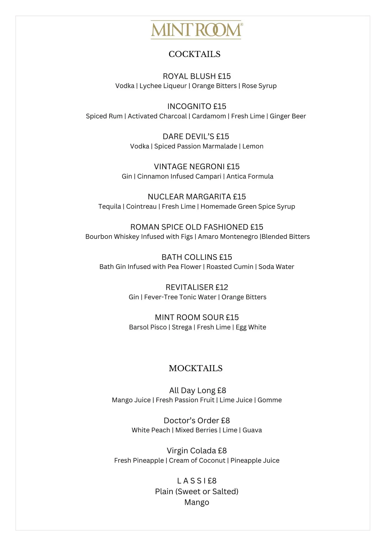 The Mint Room menu, page 6