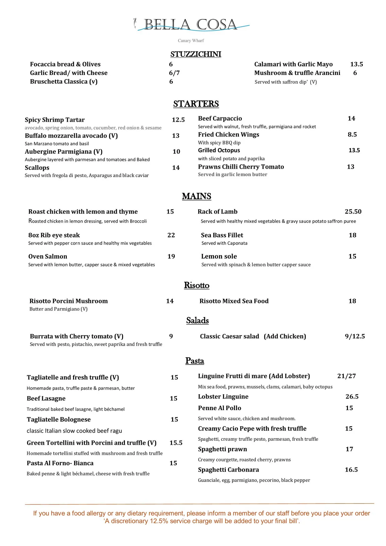Bella Cosa menu, page 1