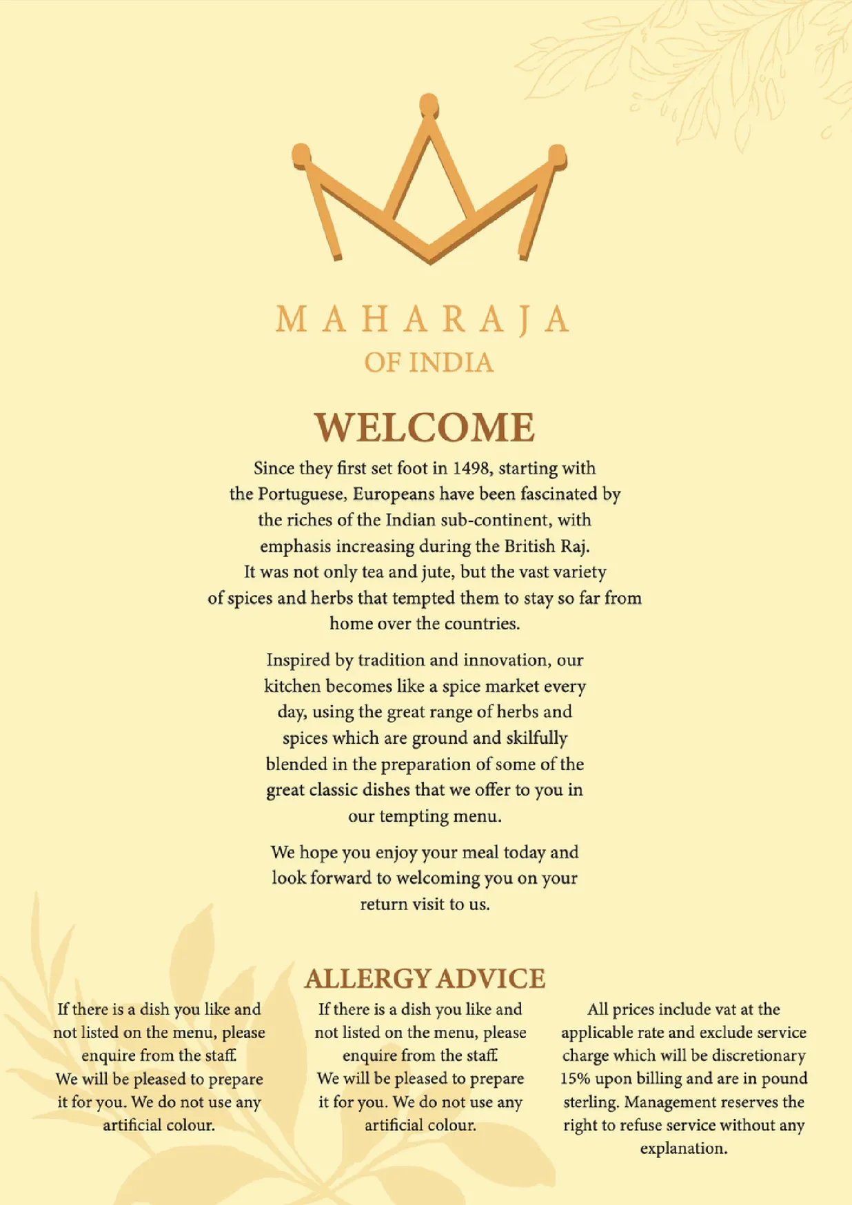 Saffron menu, page 1