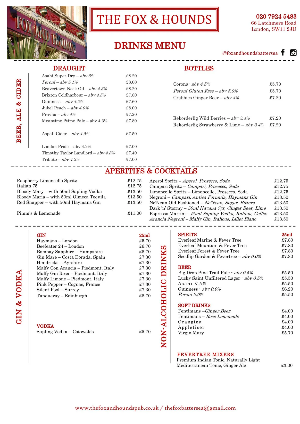 The Fox & Hounds menu, page 4