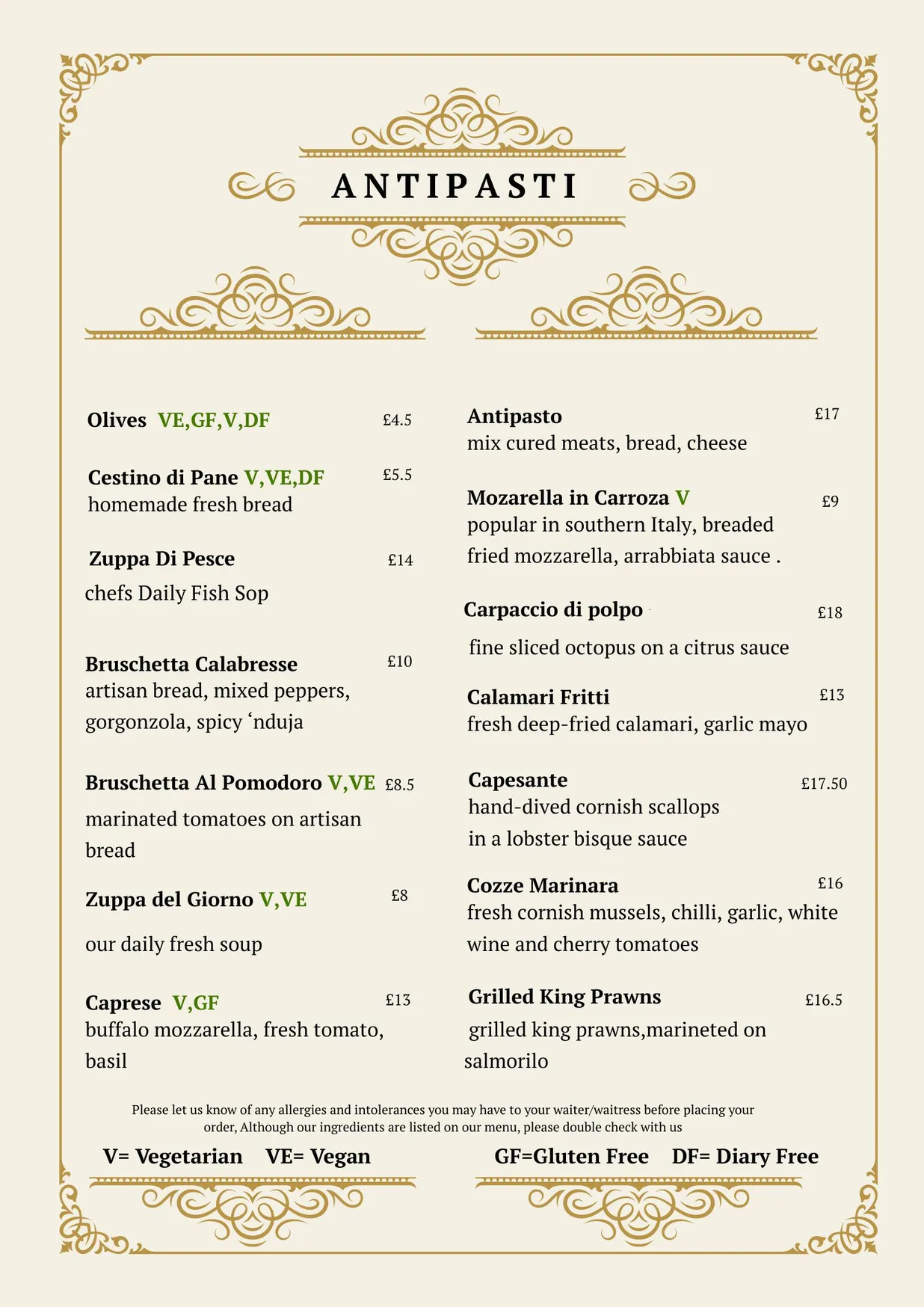 Antica menu, page 1