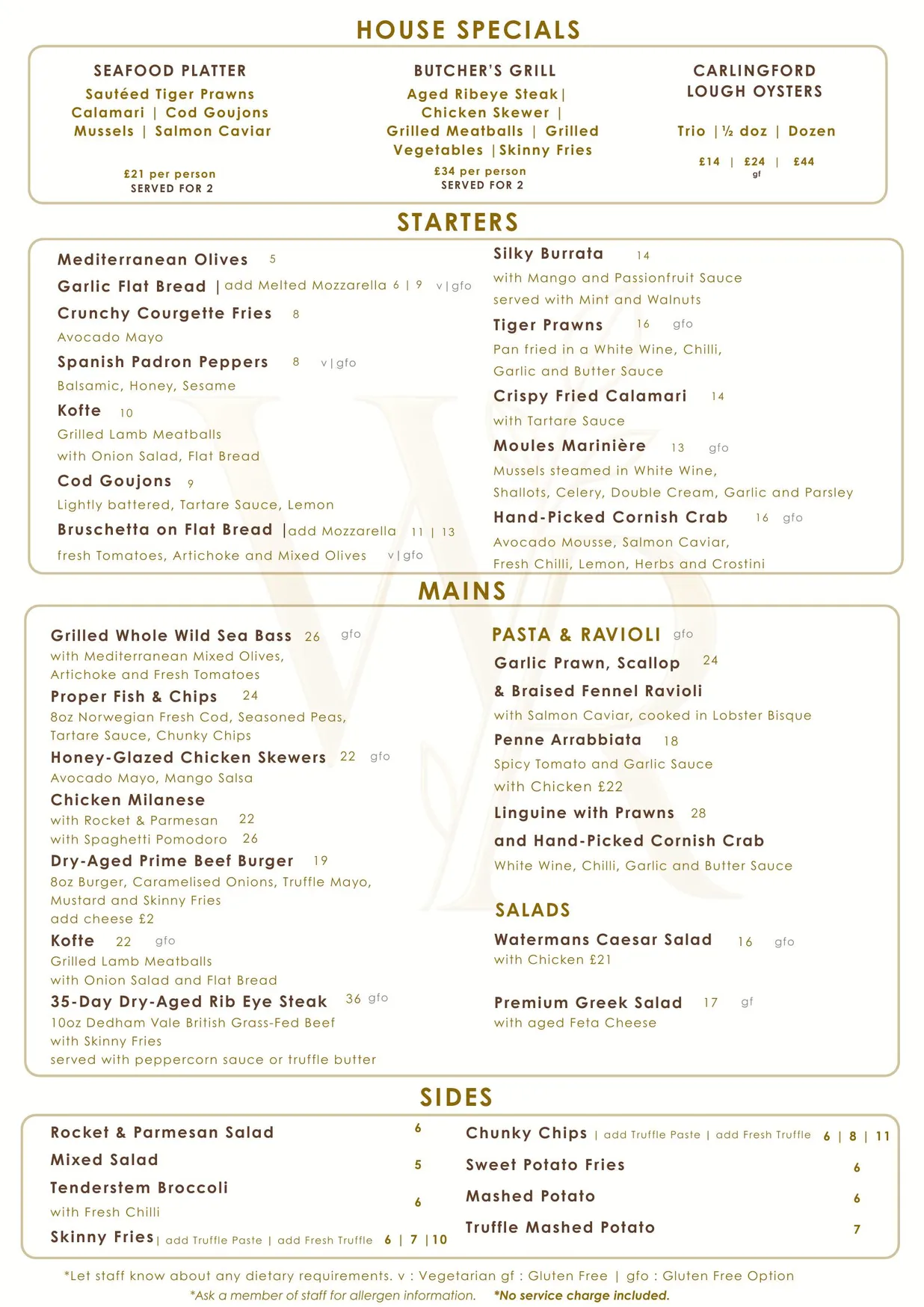 Watermans Richmond menu, page 1