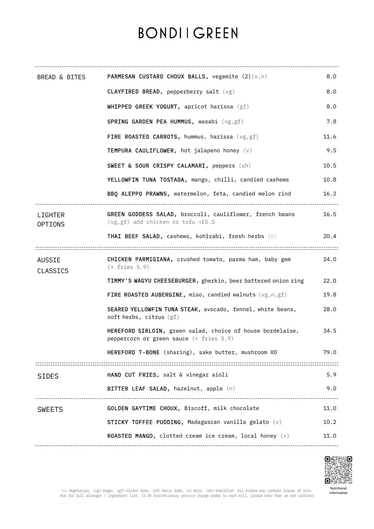 Bondi Green menu, page 2