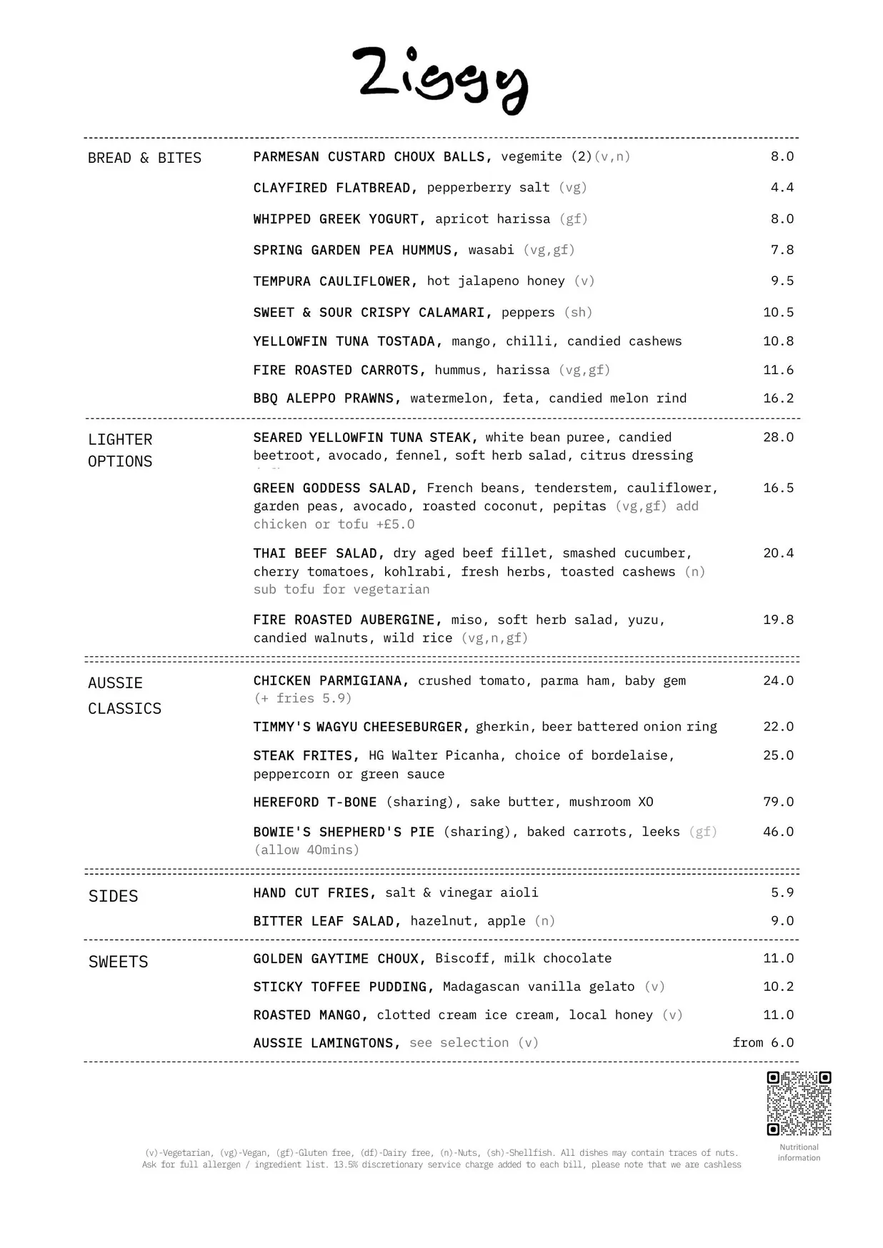 Ziggy Green menu, page 1