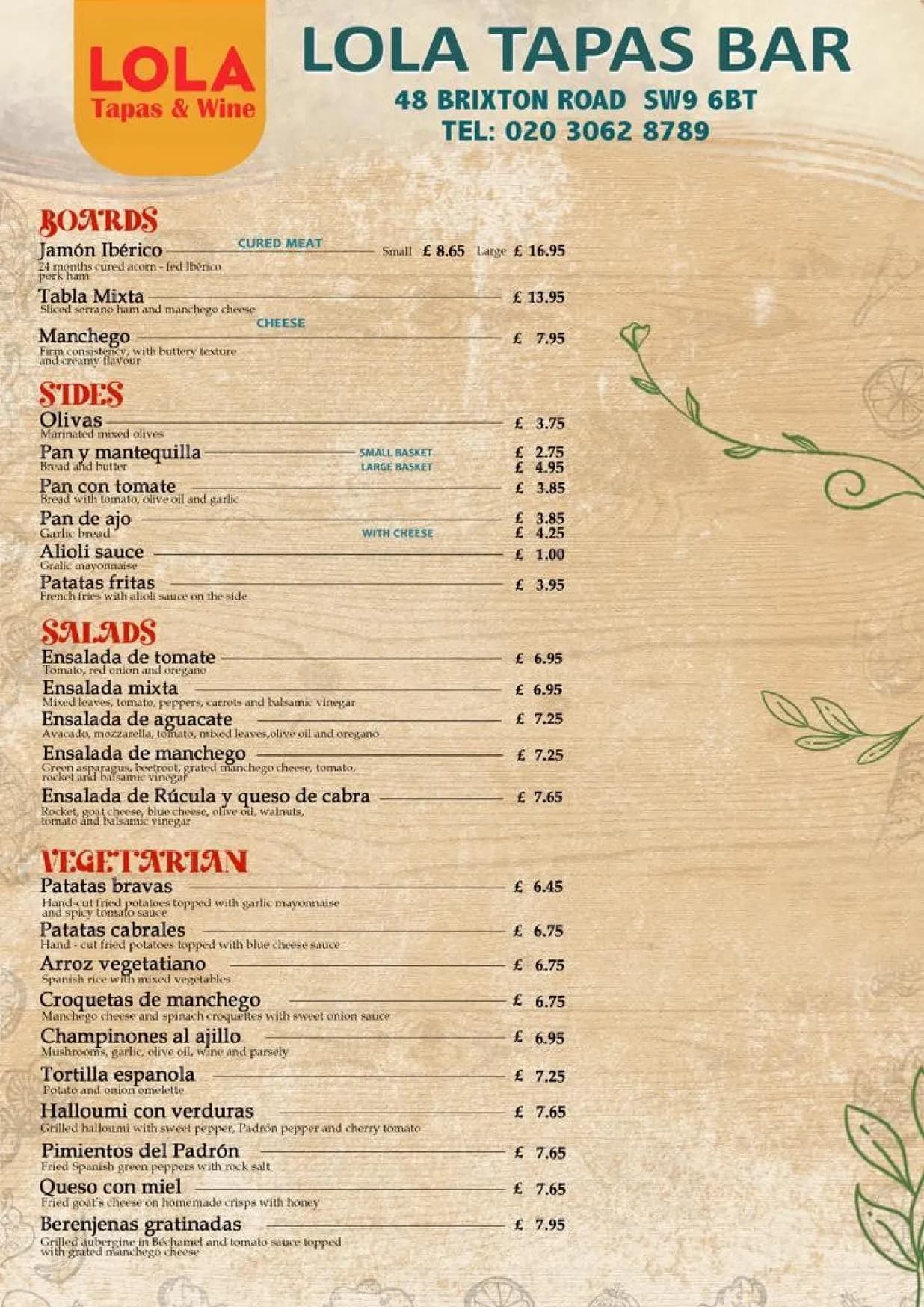 LOLA Tapas & Wine menu, page 2