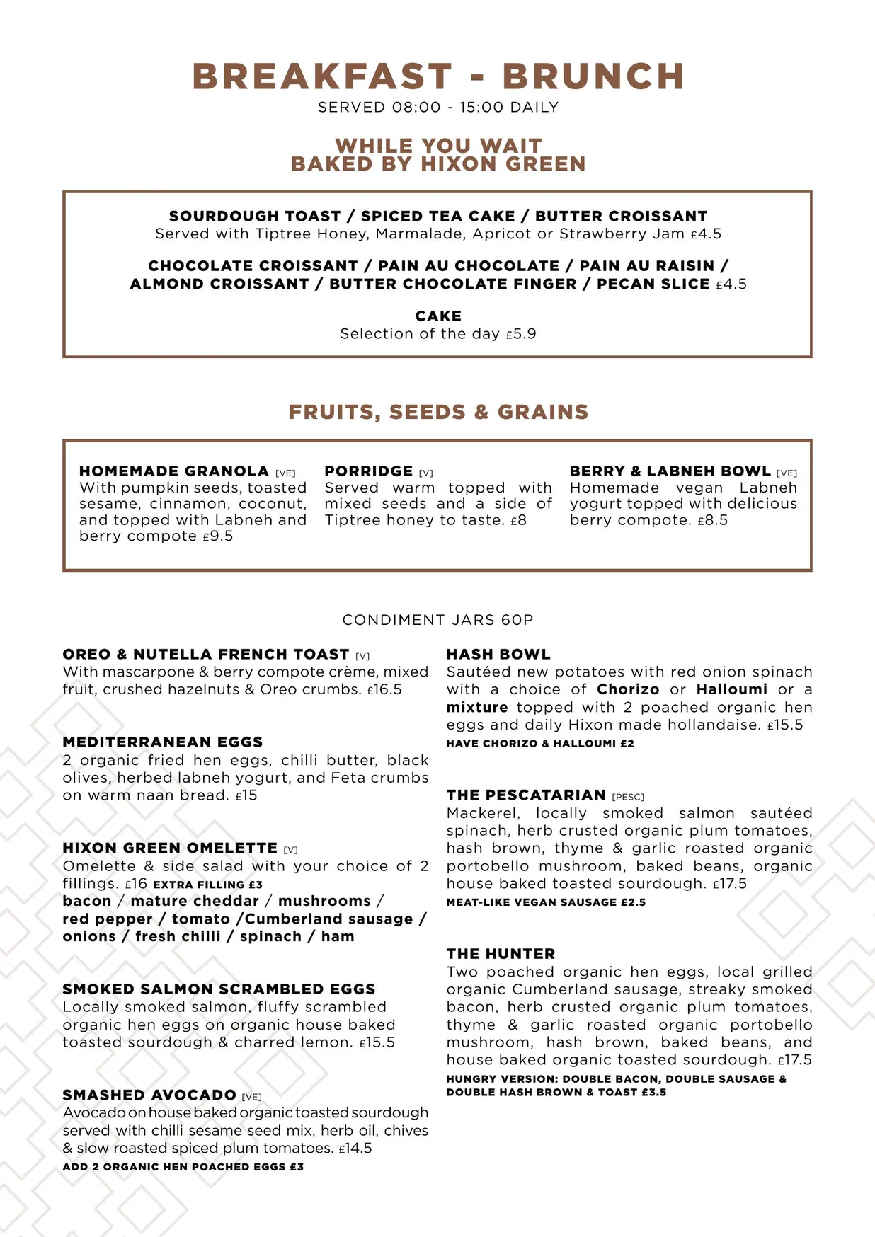Hixon Green menu, page 1