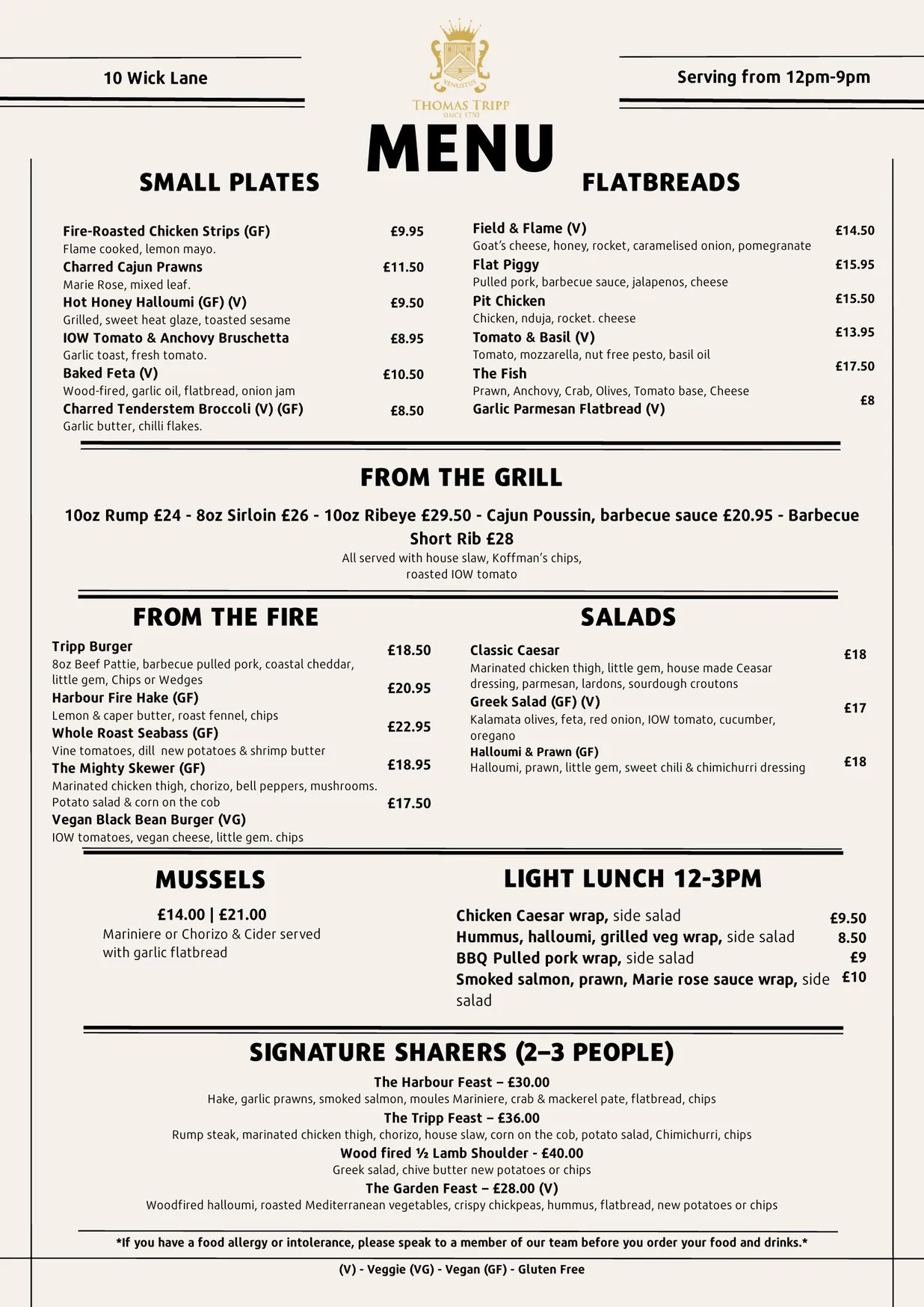 Thomas Tripp menu, page 1