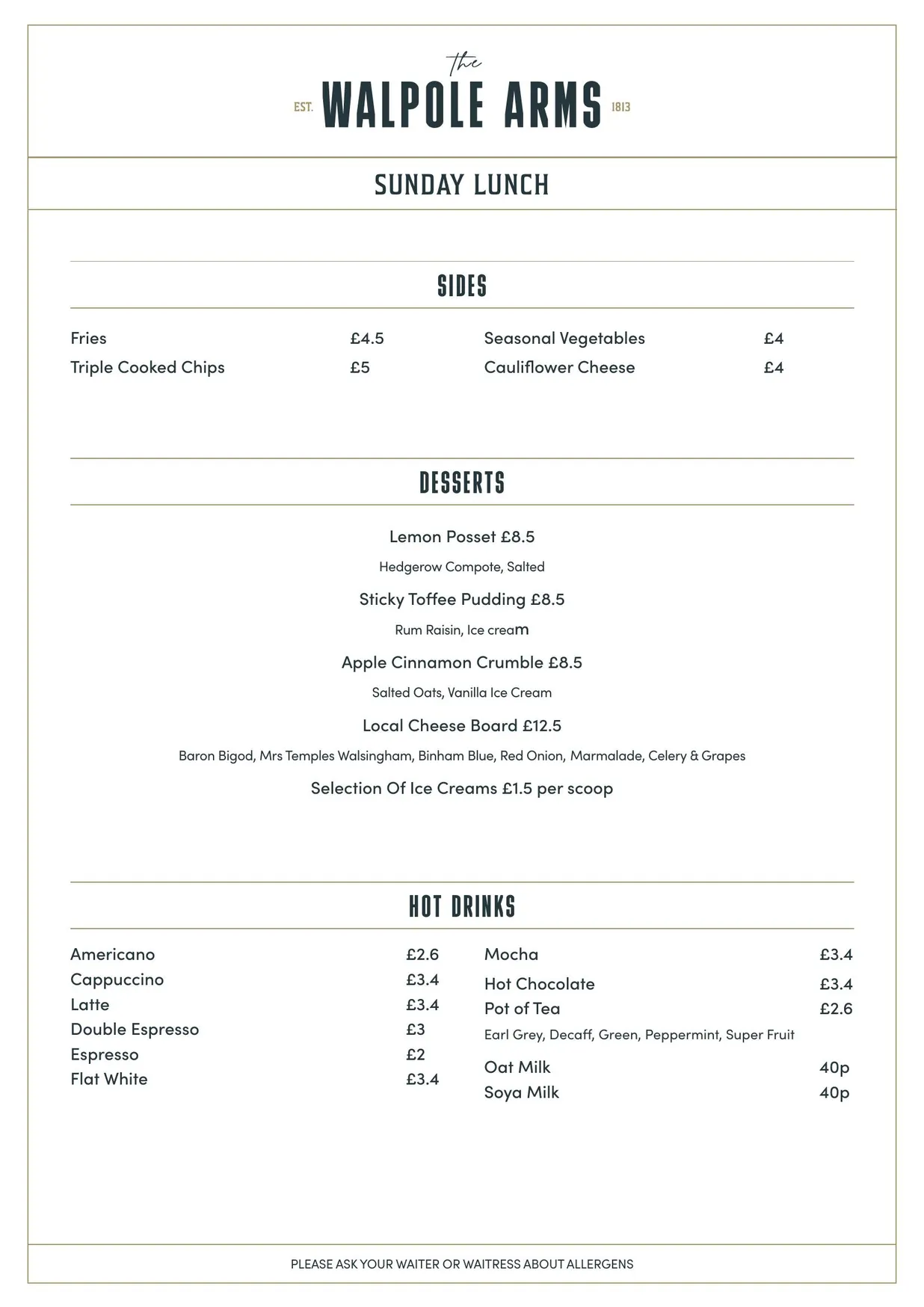 The Walpole Arms menu, page 4