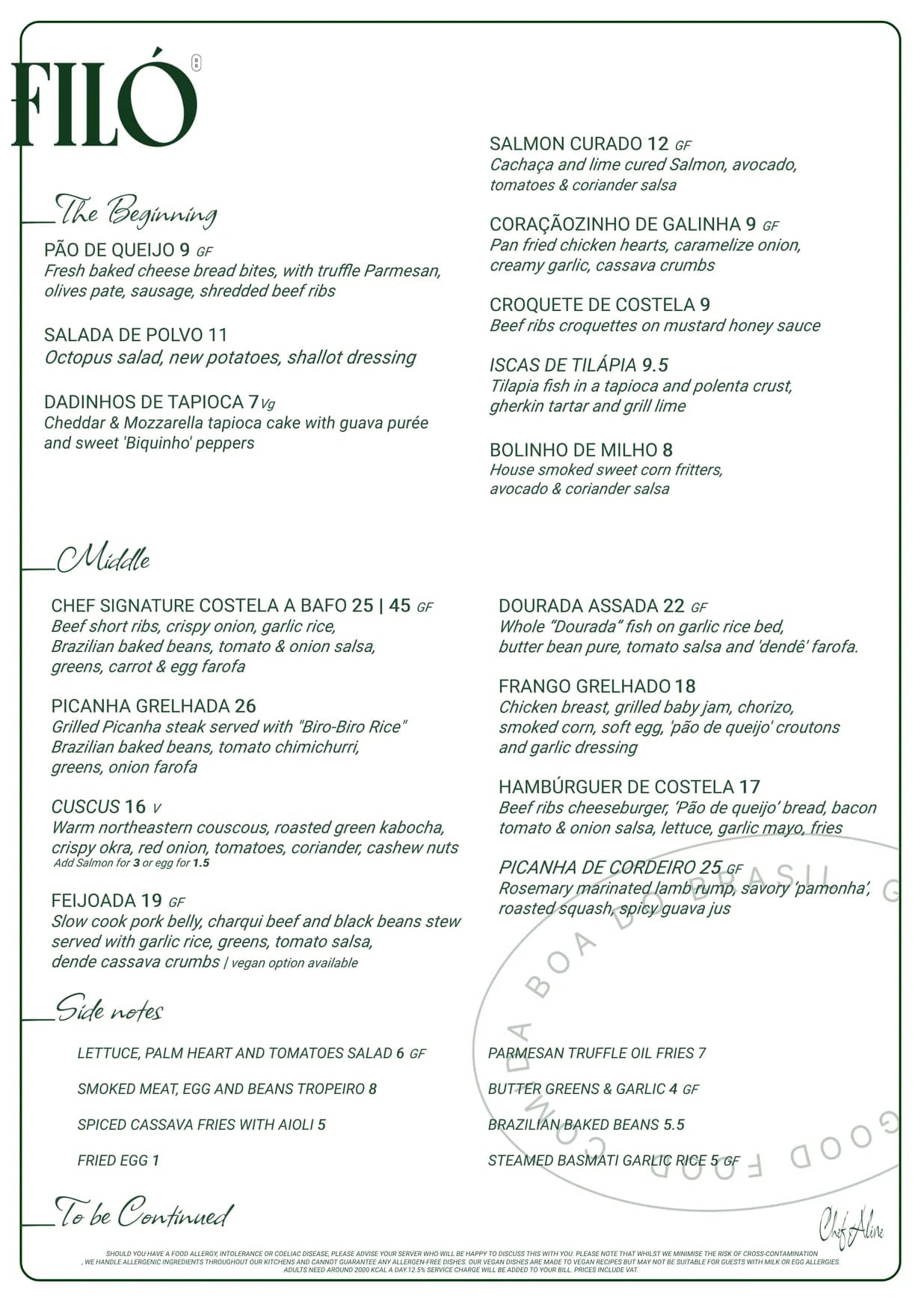 Filo Brazil menu, page 1