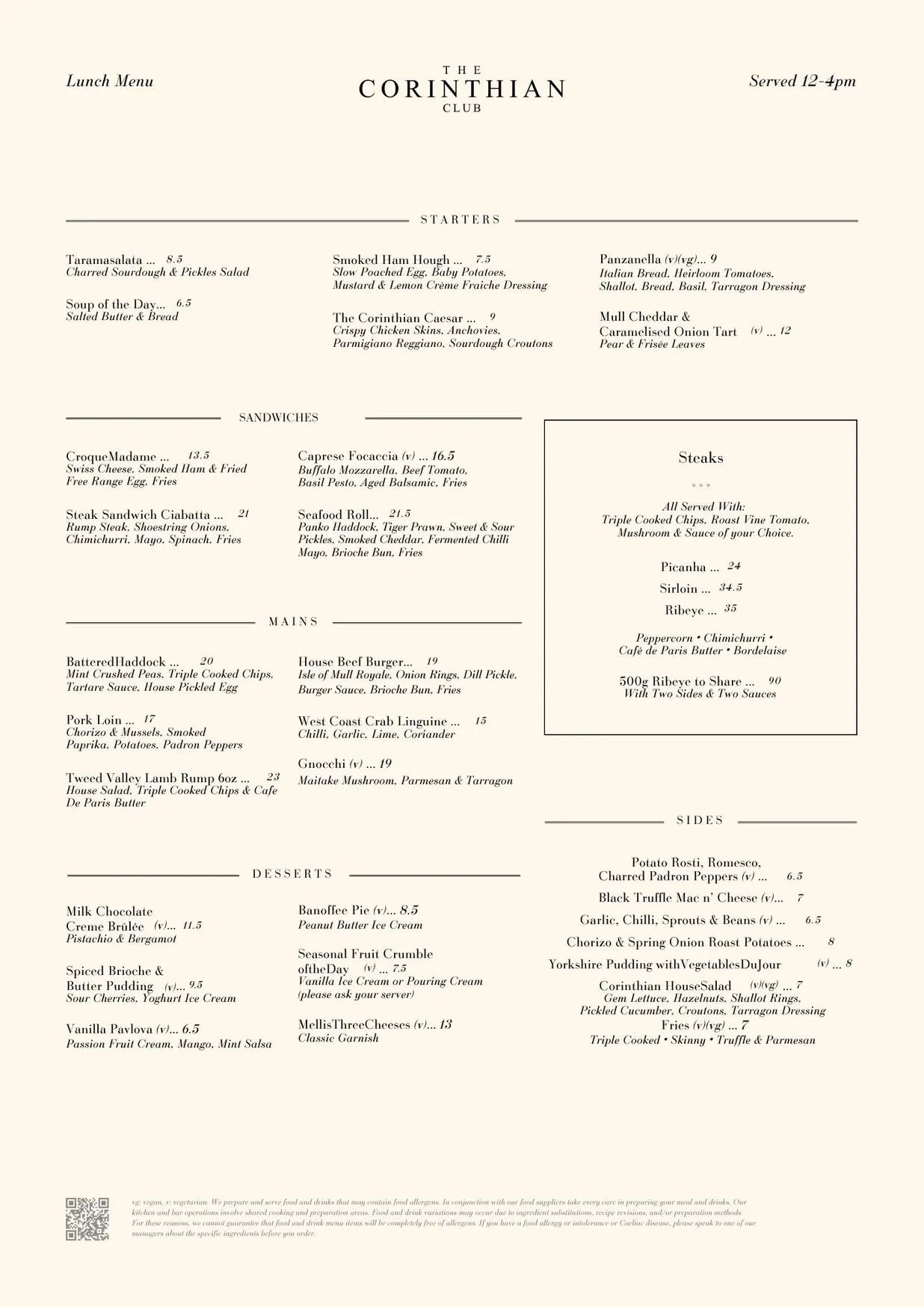The Corinthian Bar & Brasserie menu, page 1