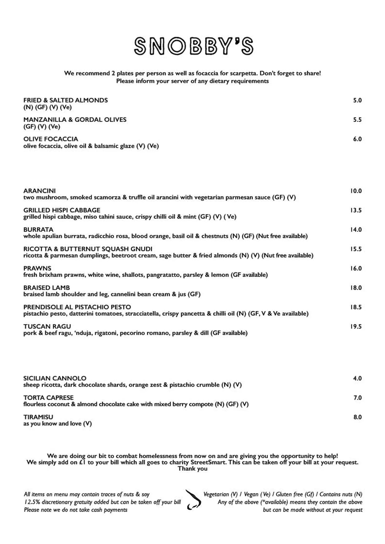 Snobby's menu, page 1