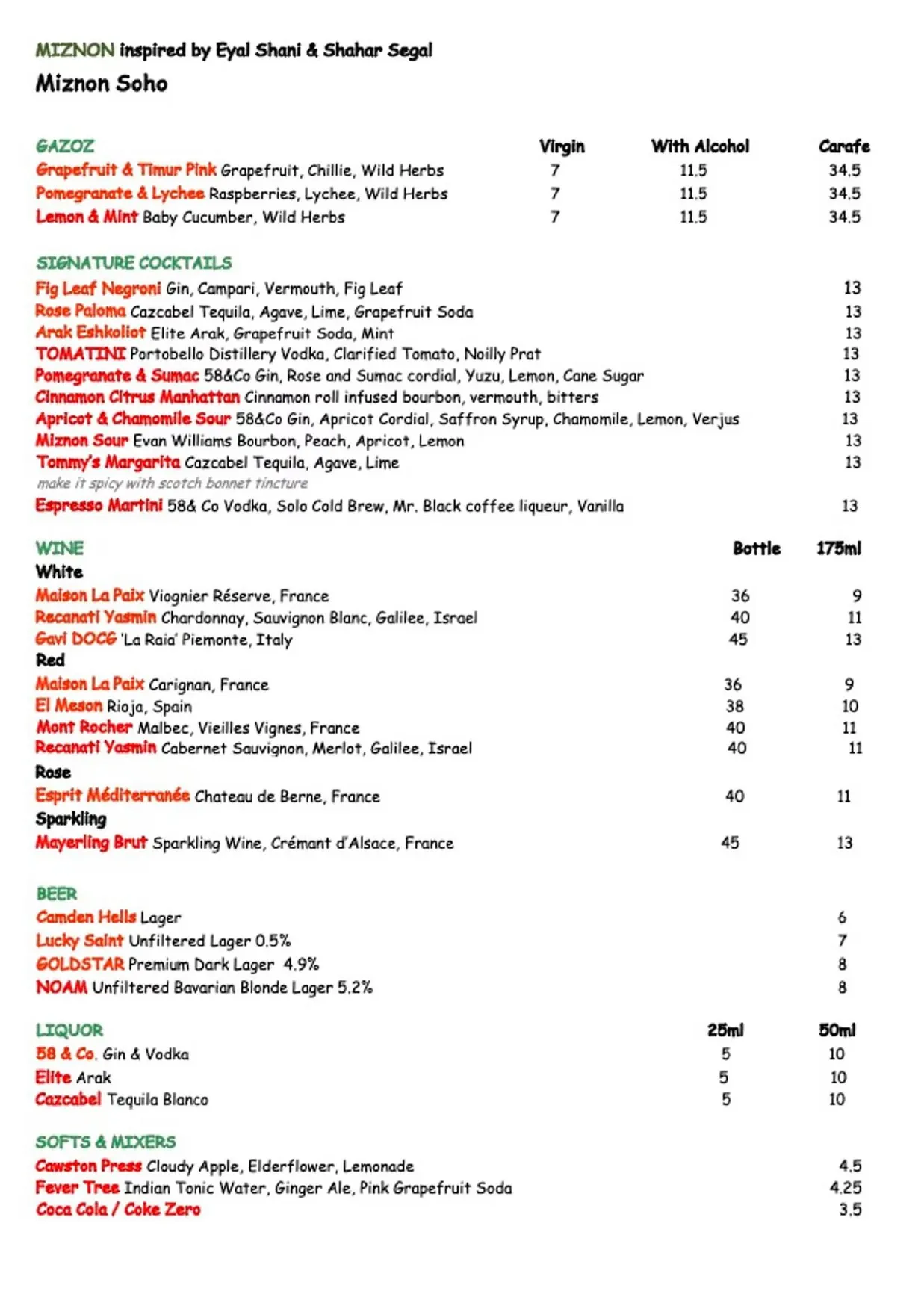 Miznon Soho menu, page 2
