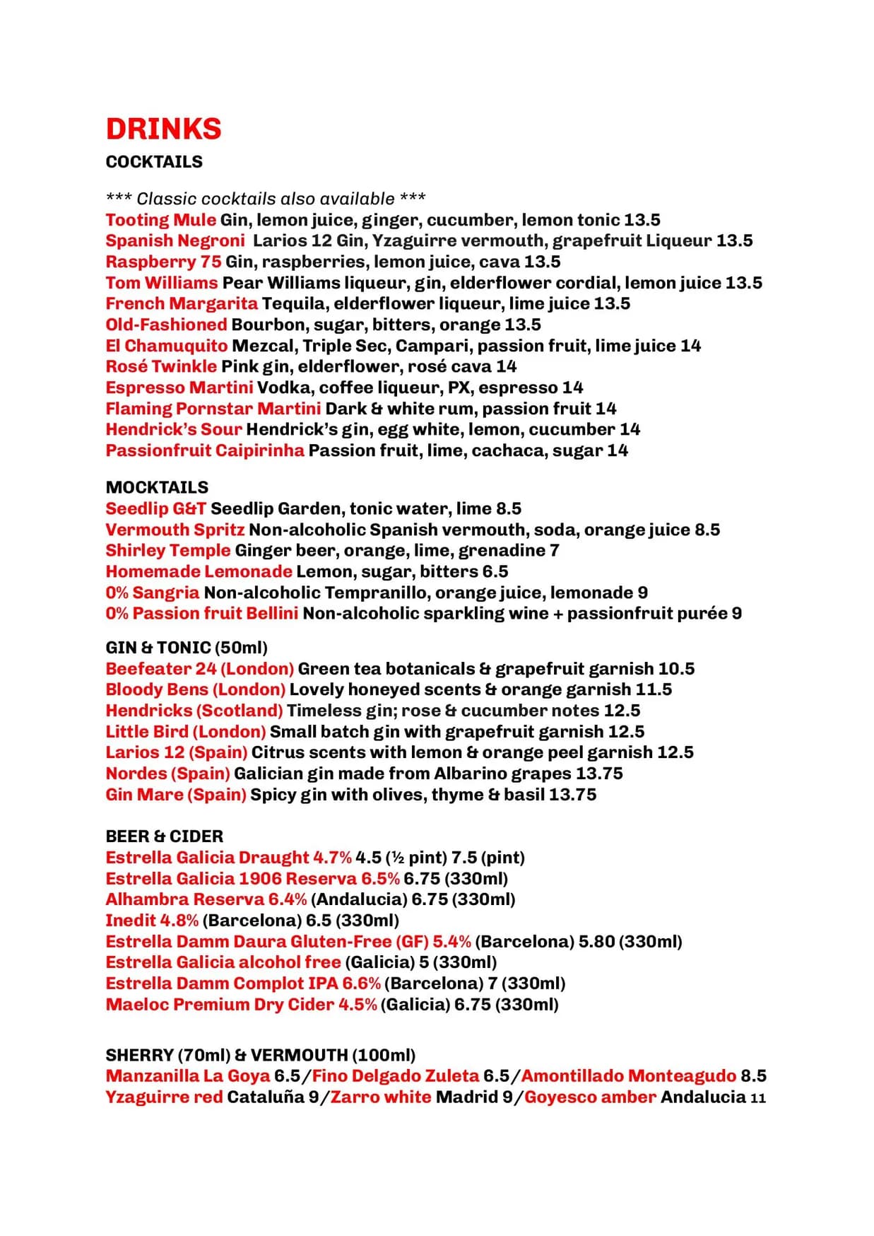 Little Taperia menu, page 1
