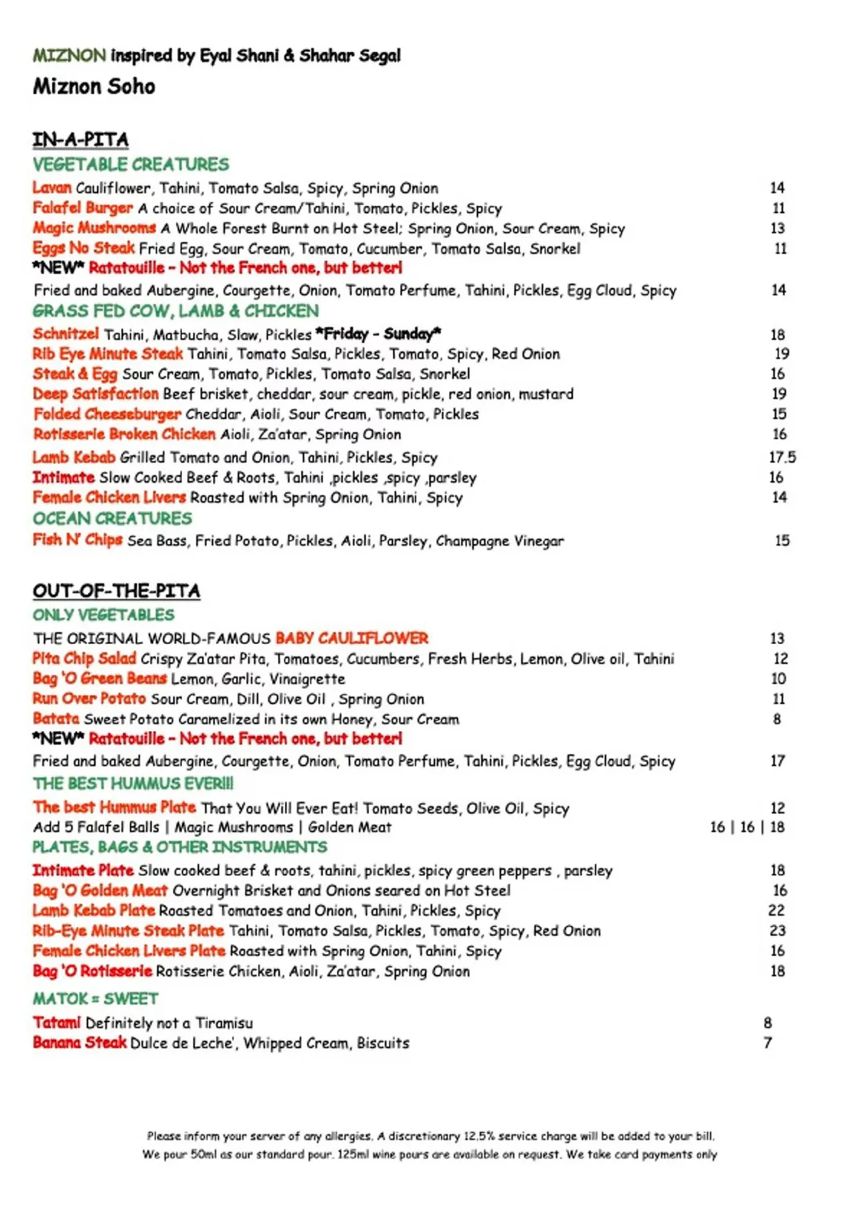 Miznon Soho menu, page 1