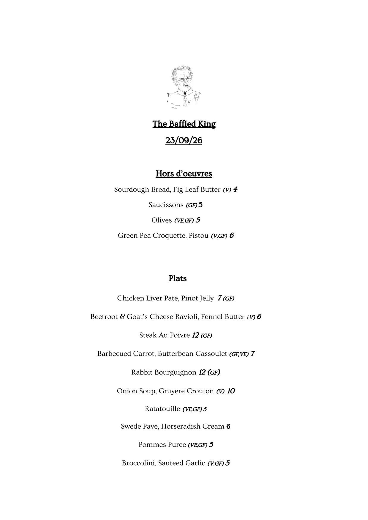 The Baffled King menu, page 1