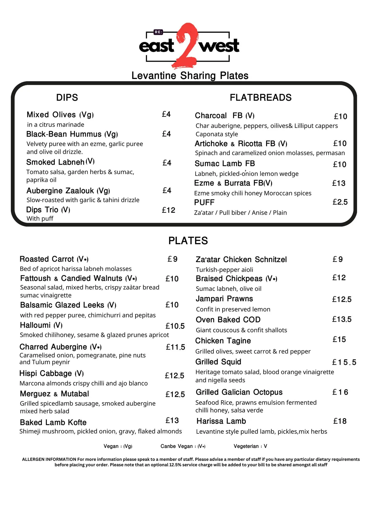 East 2 West menu, page 1
