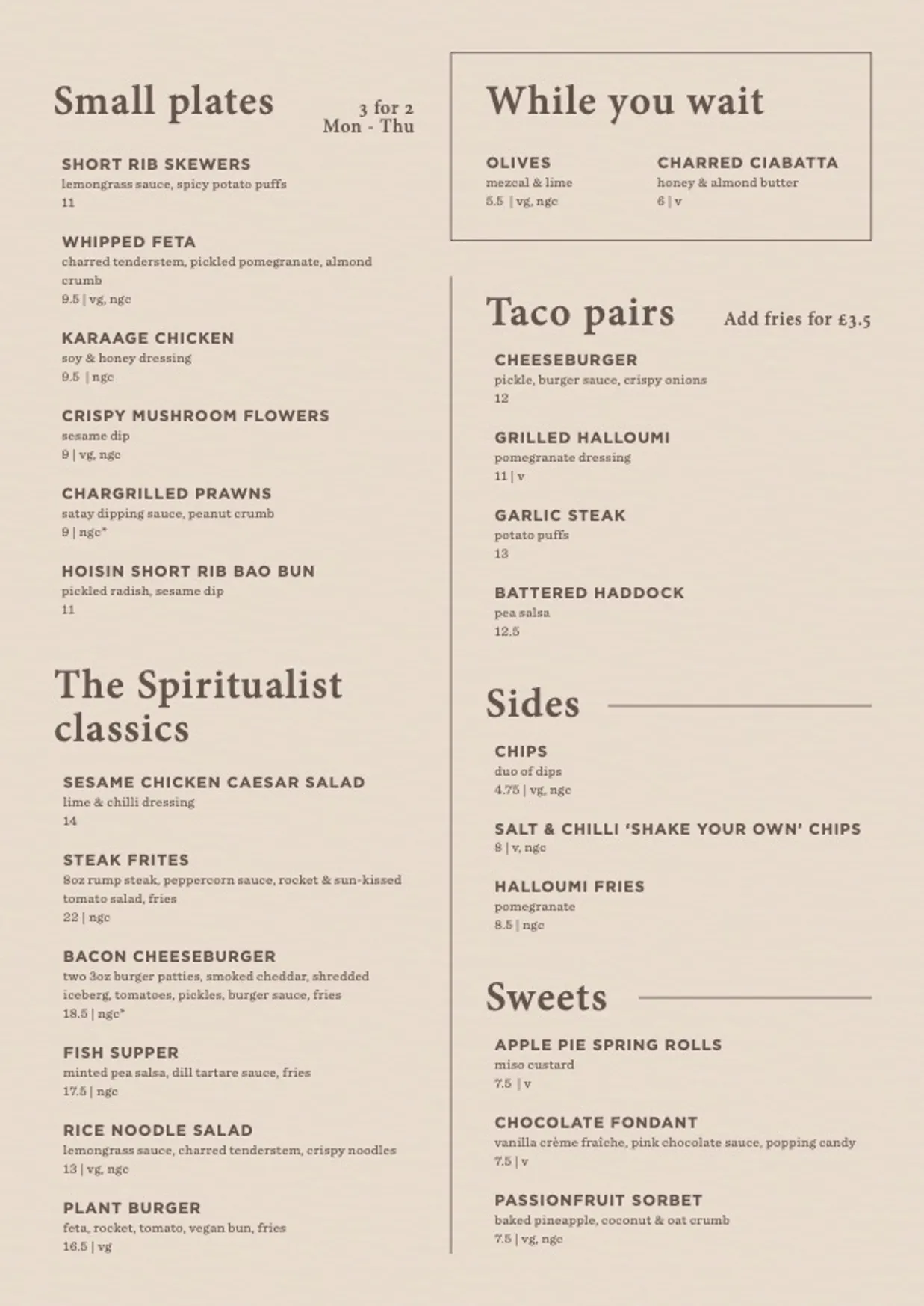 The Spiritualist menu, page 21