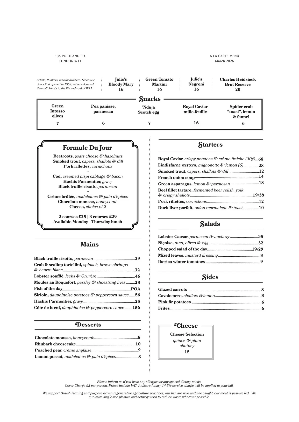 Julie's menu, page 1