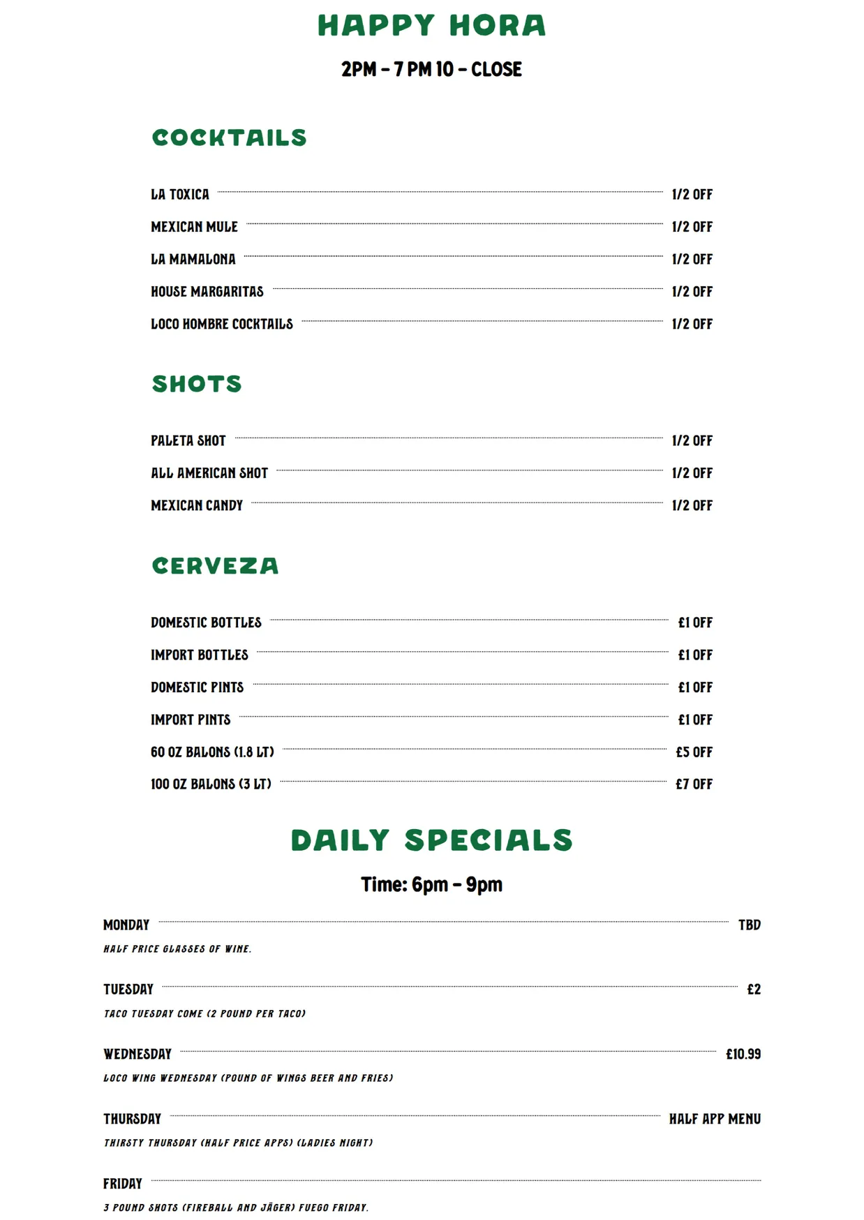Loco Hombre Cantina menu, page 6