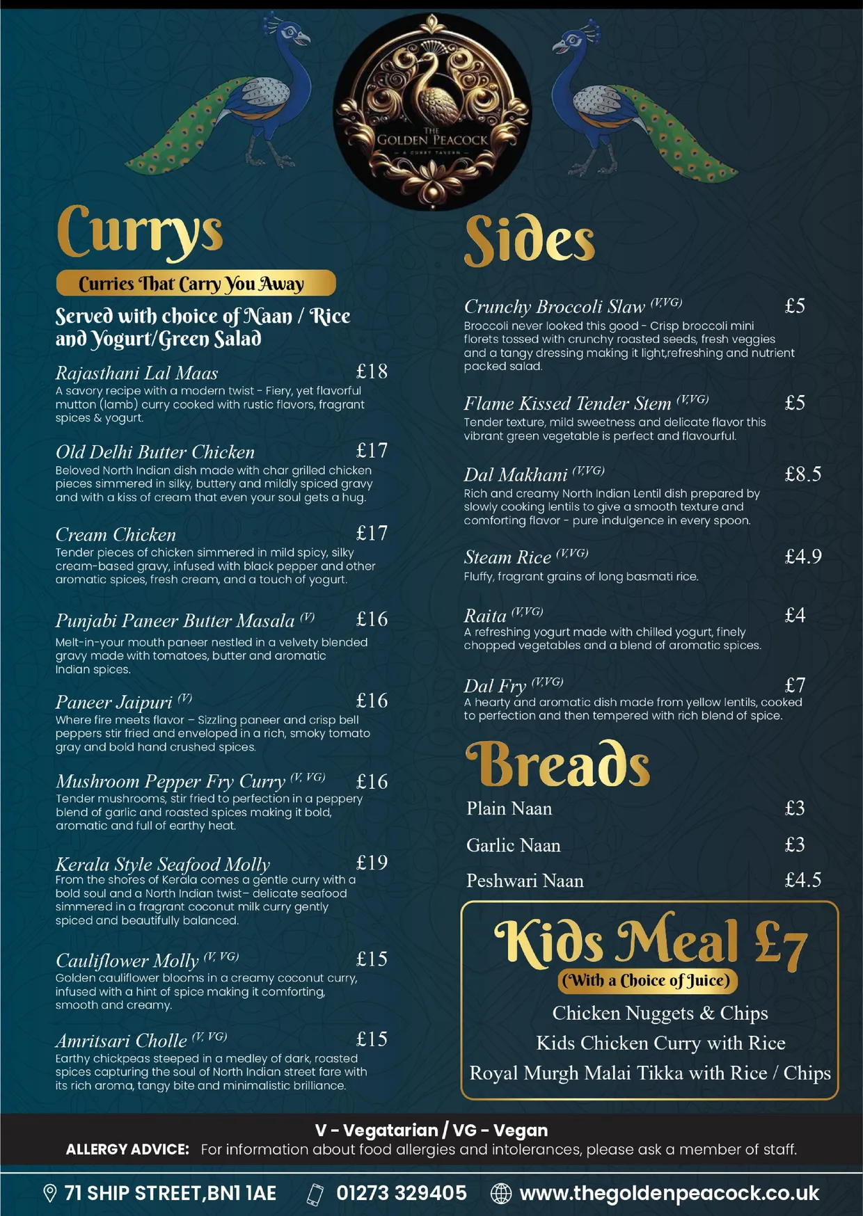 The Golden Peacock menu, page 2