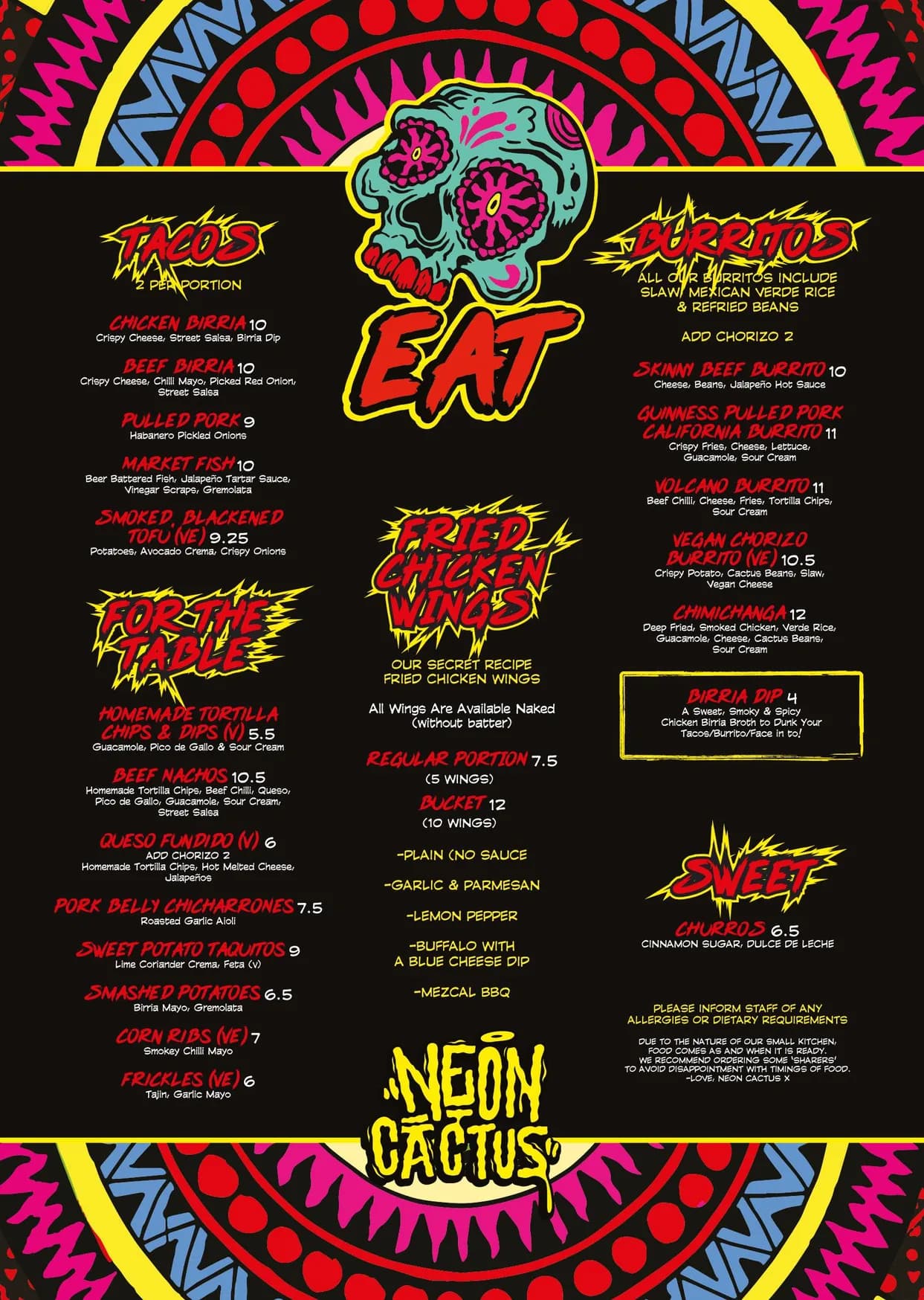 Neon Cactus menu, page 1