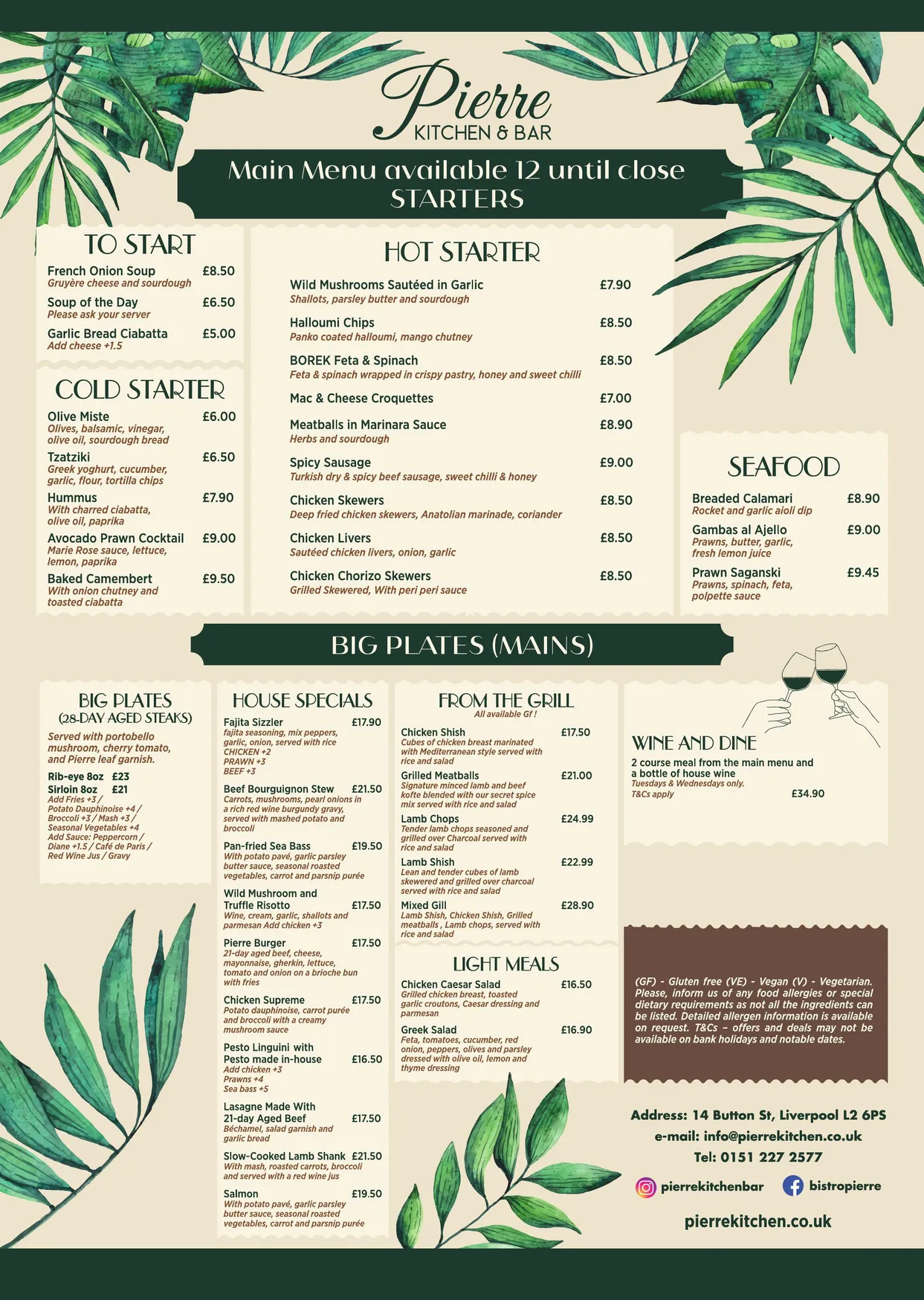 Pierre Kitchen menu, page 1