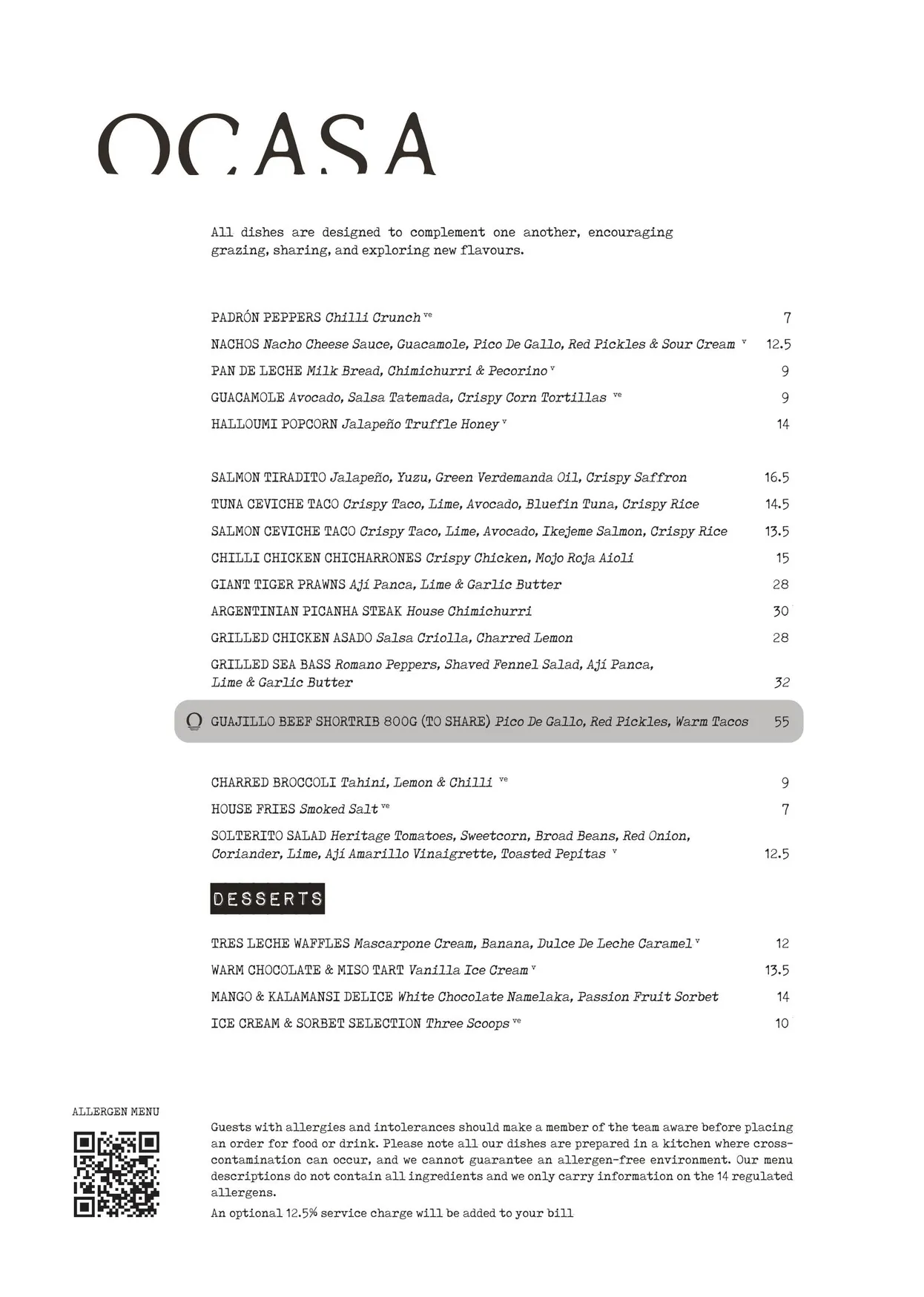 Ocasa menu, page 1