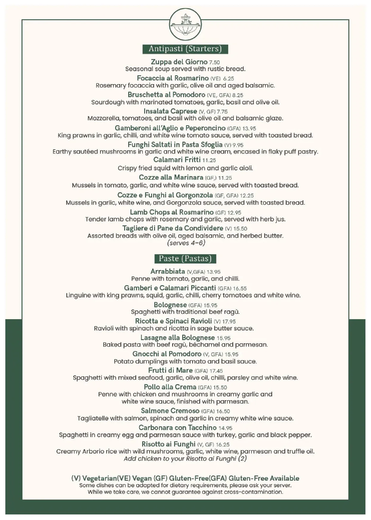 La Fontana menu, page 1