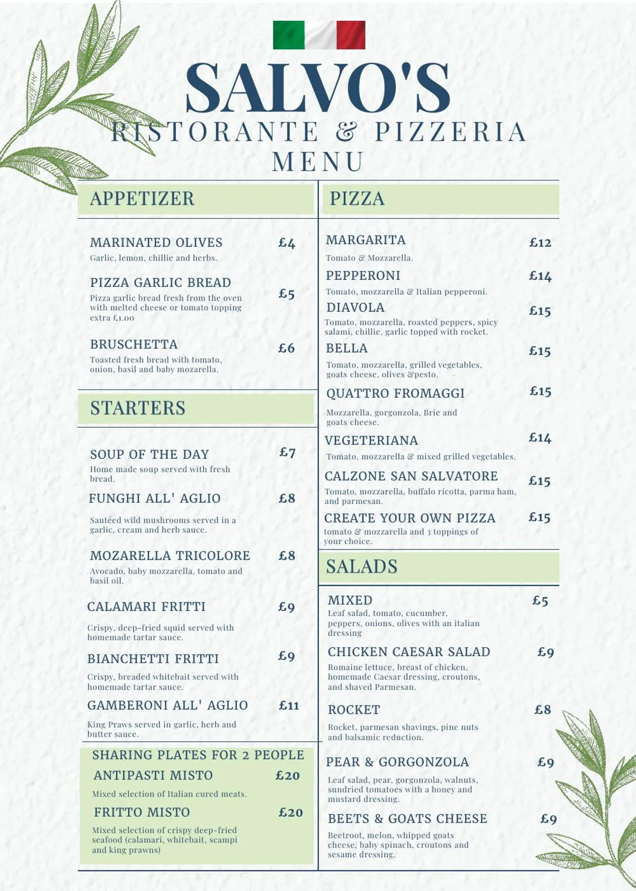 Salvo’s Ristorante & Pizzeria menu, page 1