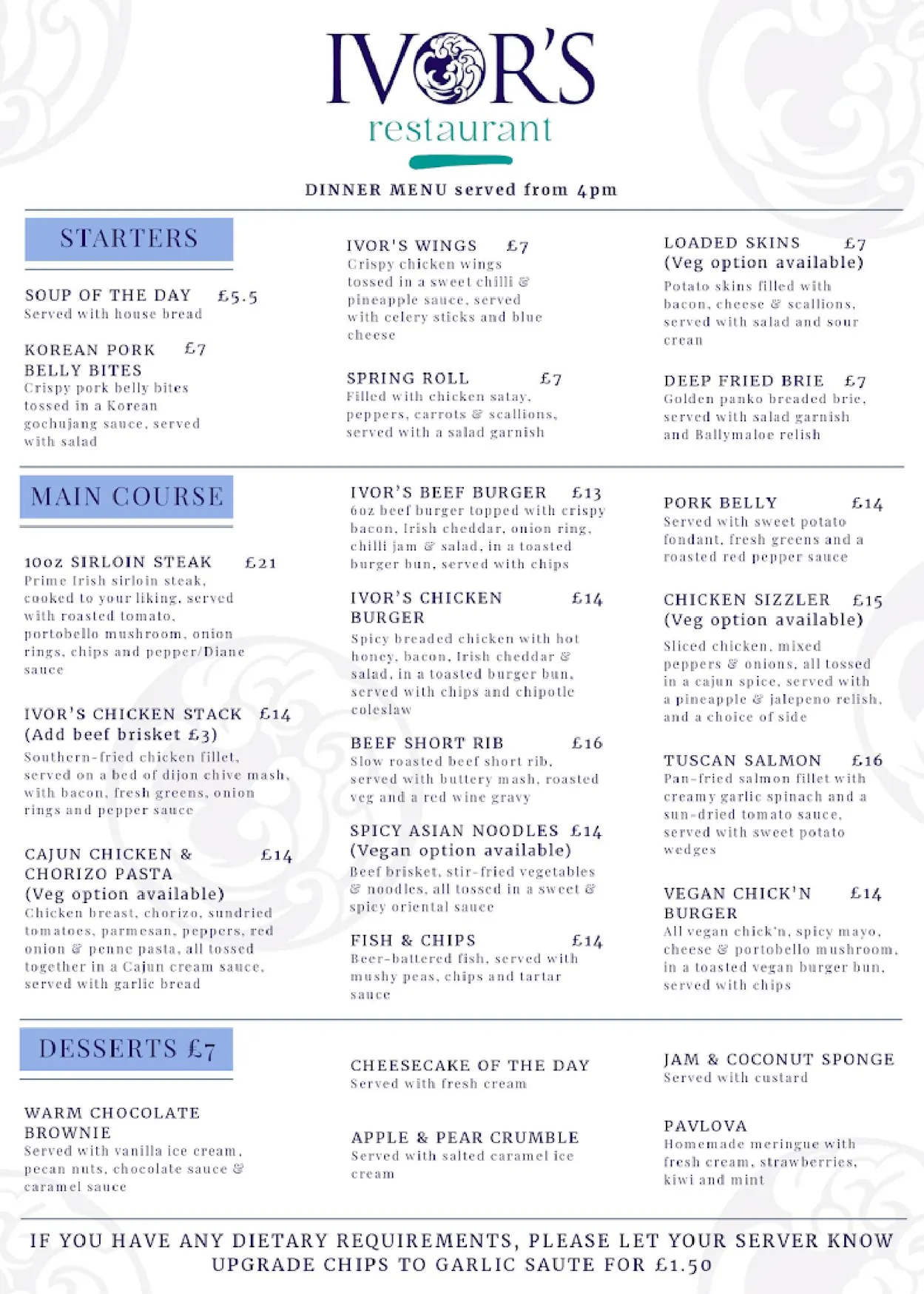 Ivor's Restaurant menu, page 1