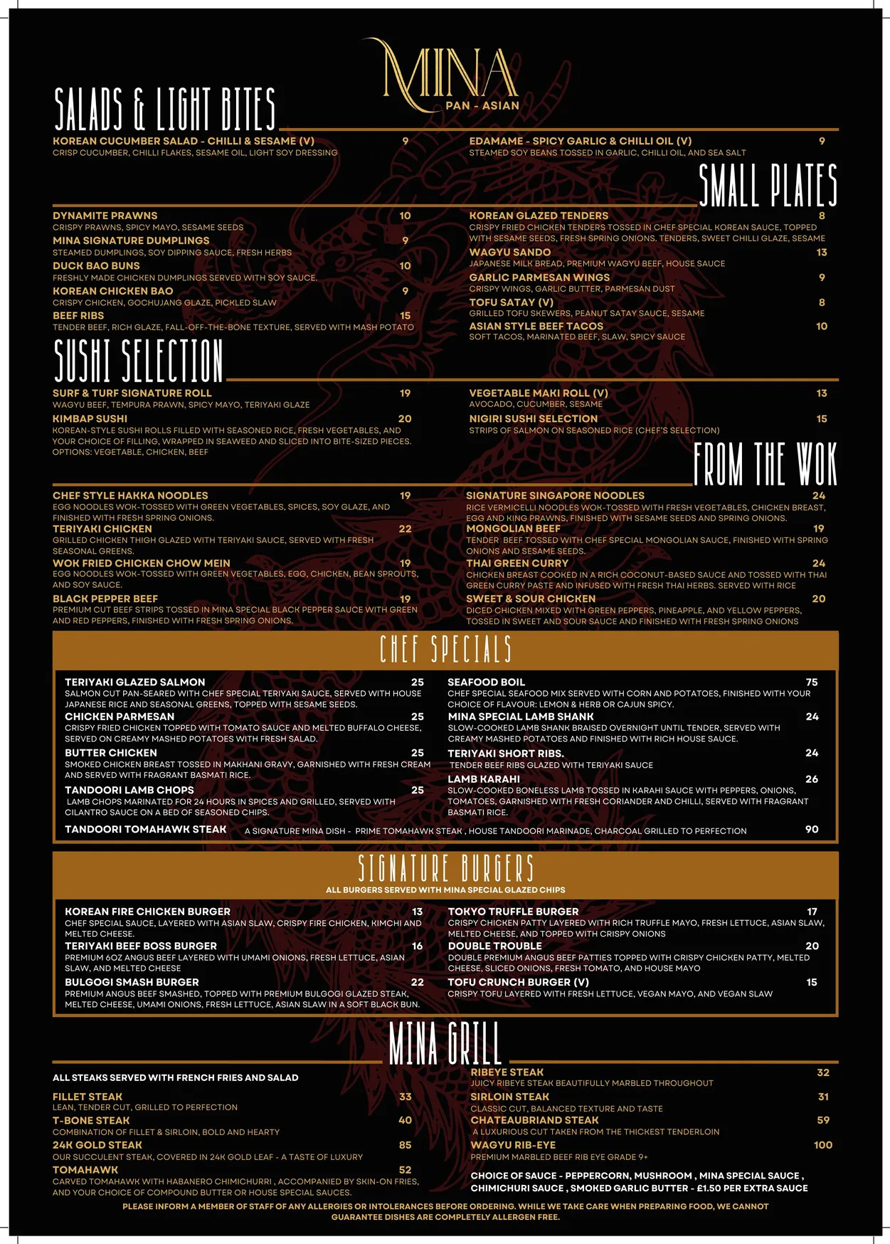 Mina Pan Asian menu, page 1