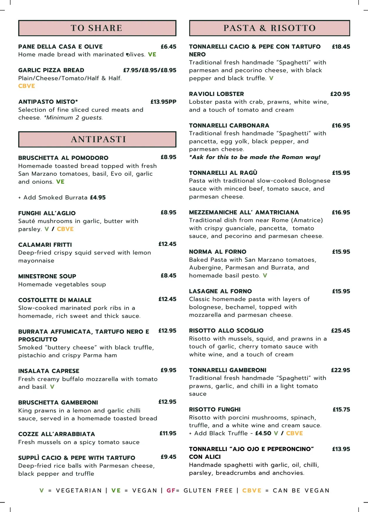 La Filia menu, page 2