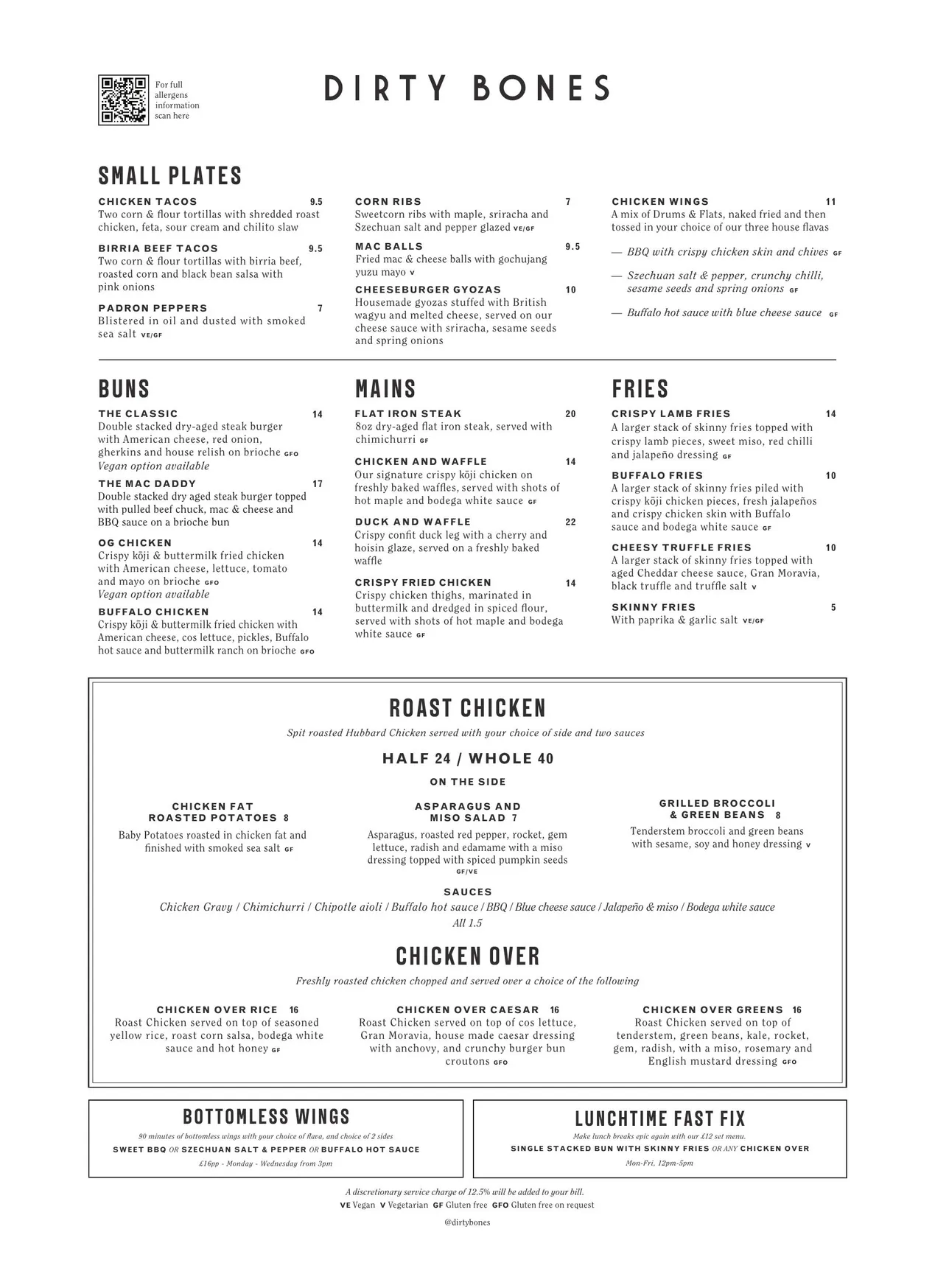 Dirty Bones Soho menu, page 1