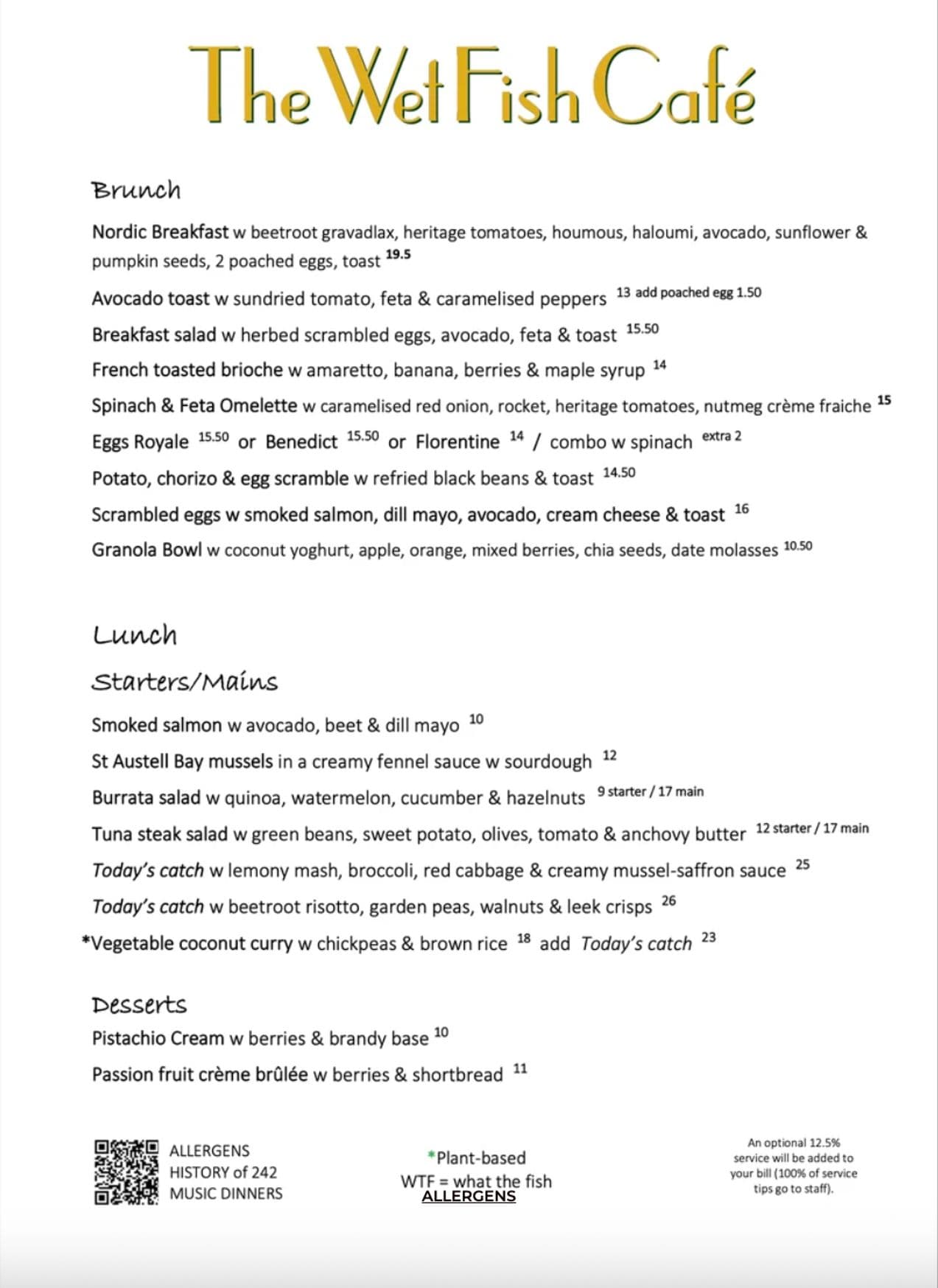 The Wet Fish Cafe Primrose Hill menu, page 1