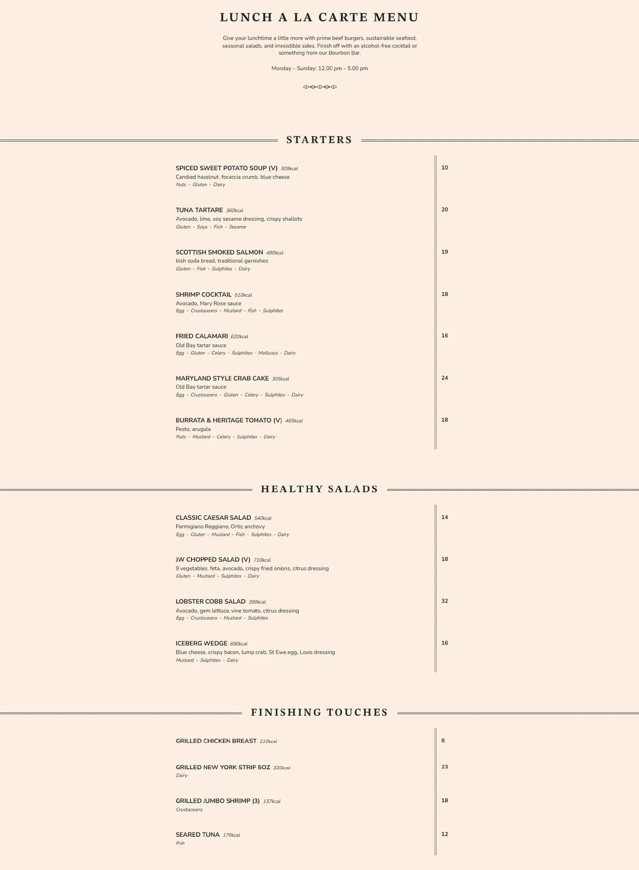 JW Steakhouse menu, page 1