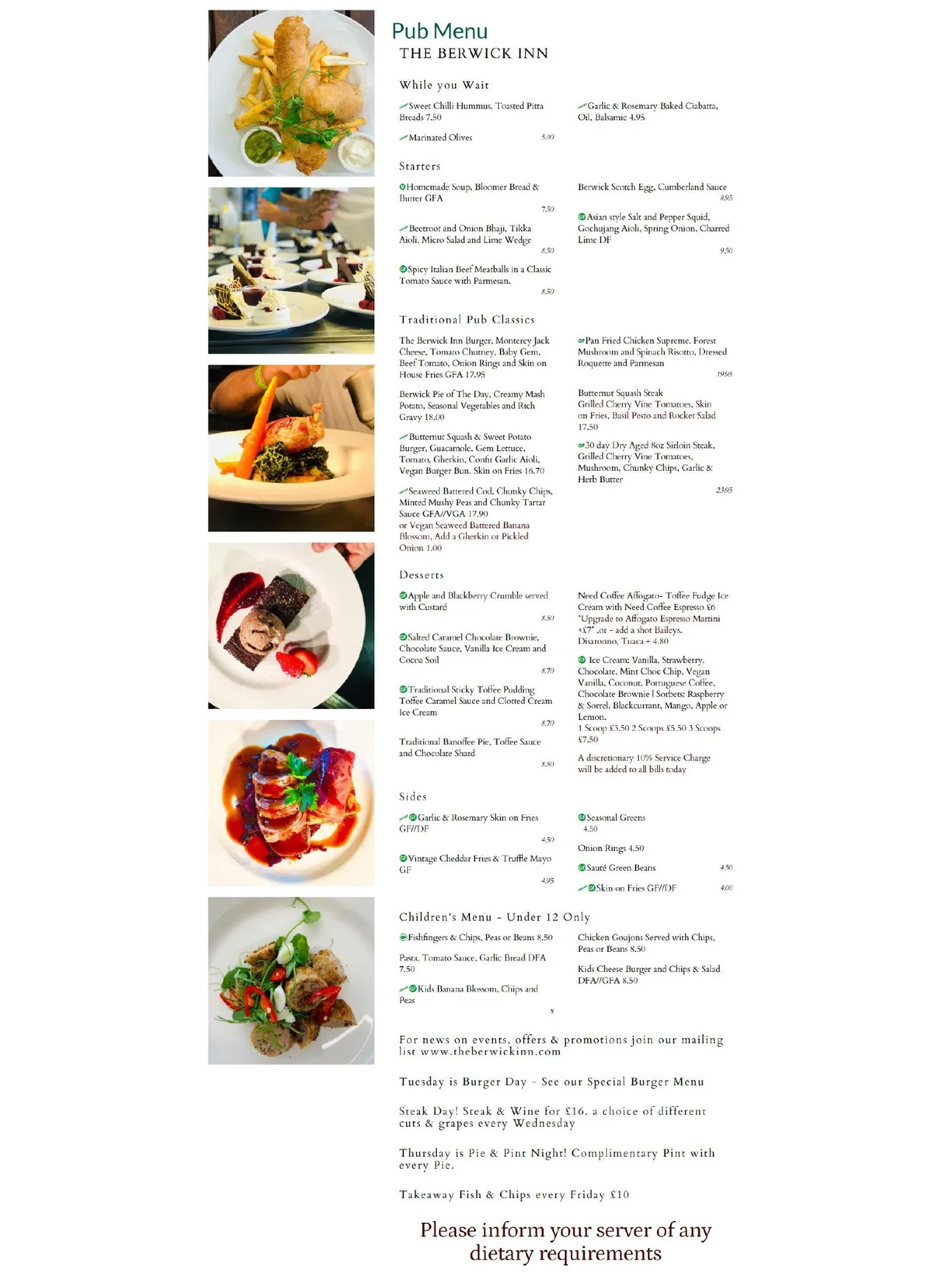 The Berwick Inn menu, page 1