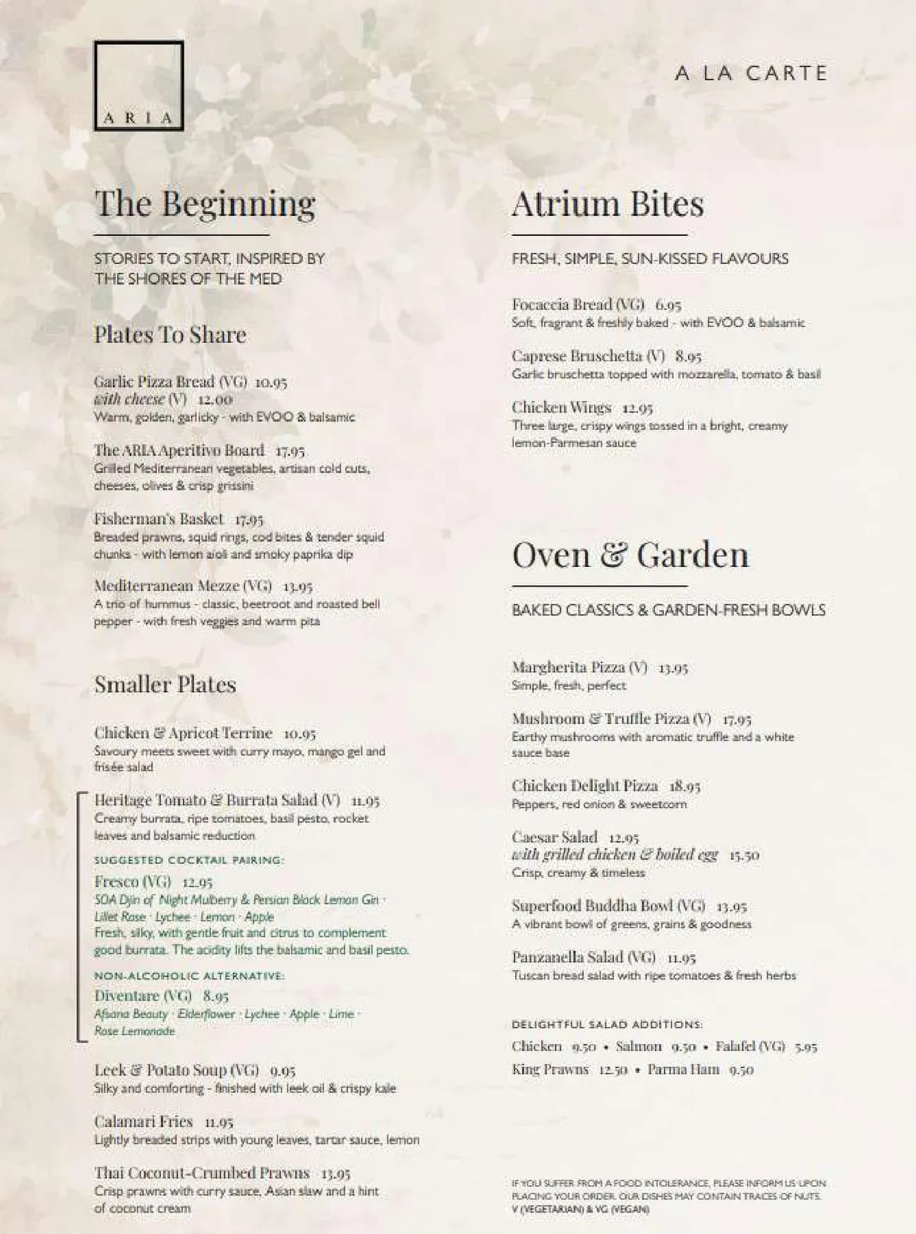 Aria menu, page 1