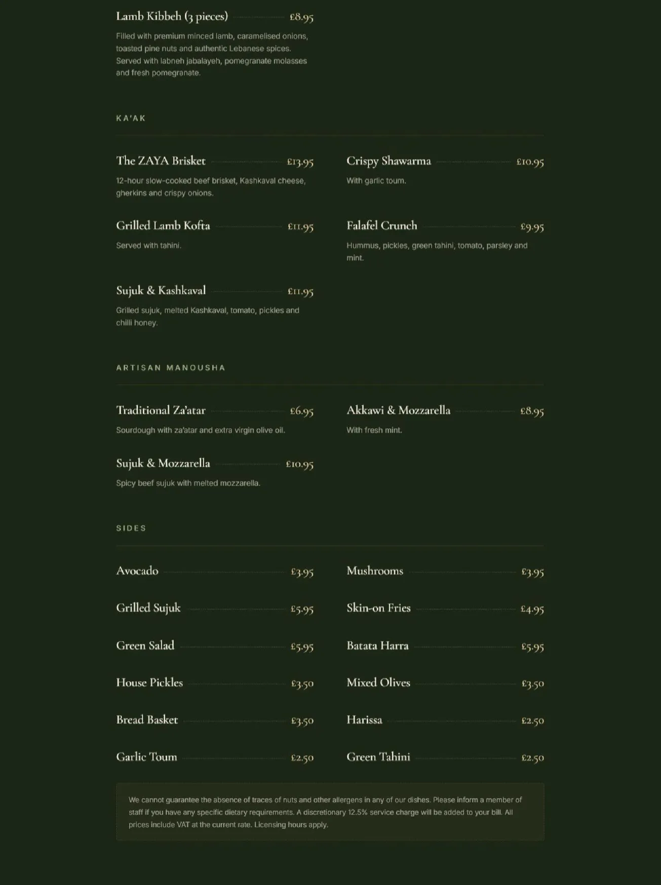 Zaya menu, page 2