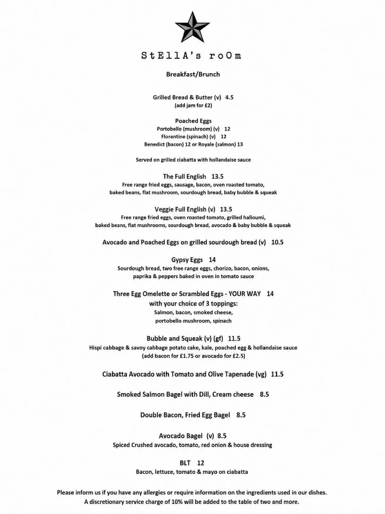 Stella's Room menu, page 2