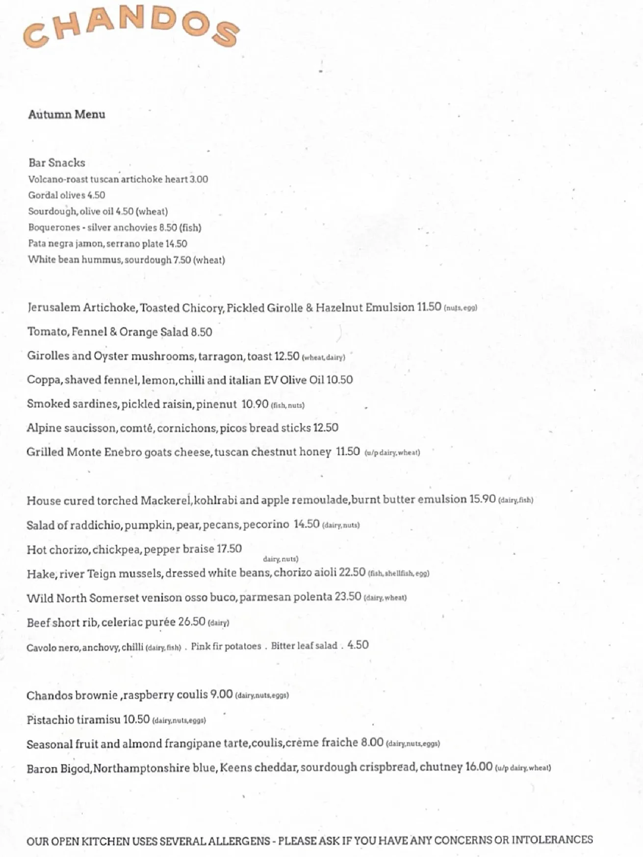 Chandos Restaurant menu, page 1