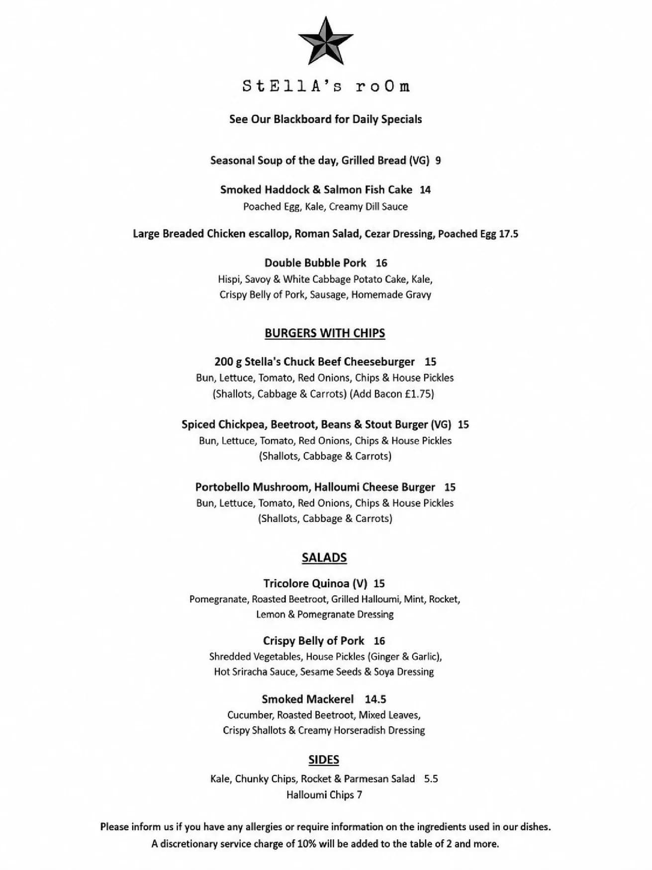 Stella's Room menu, page 1